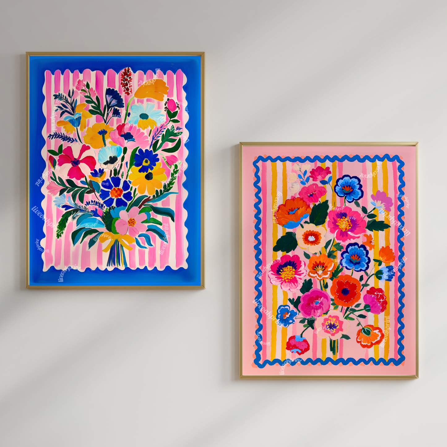 Pink and Blue Floral Wall Art - Set of Two Prints