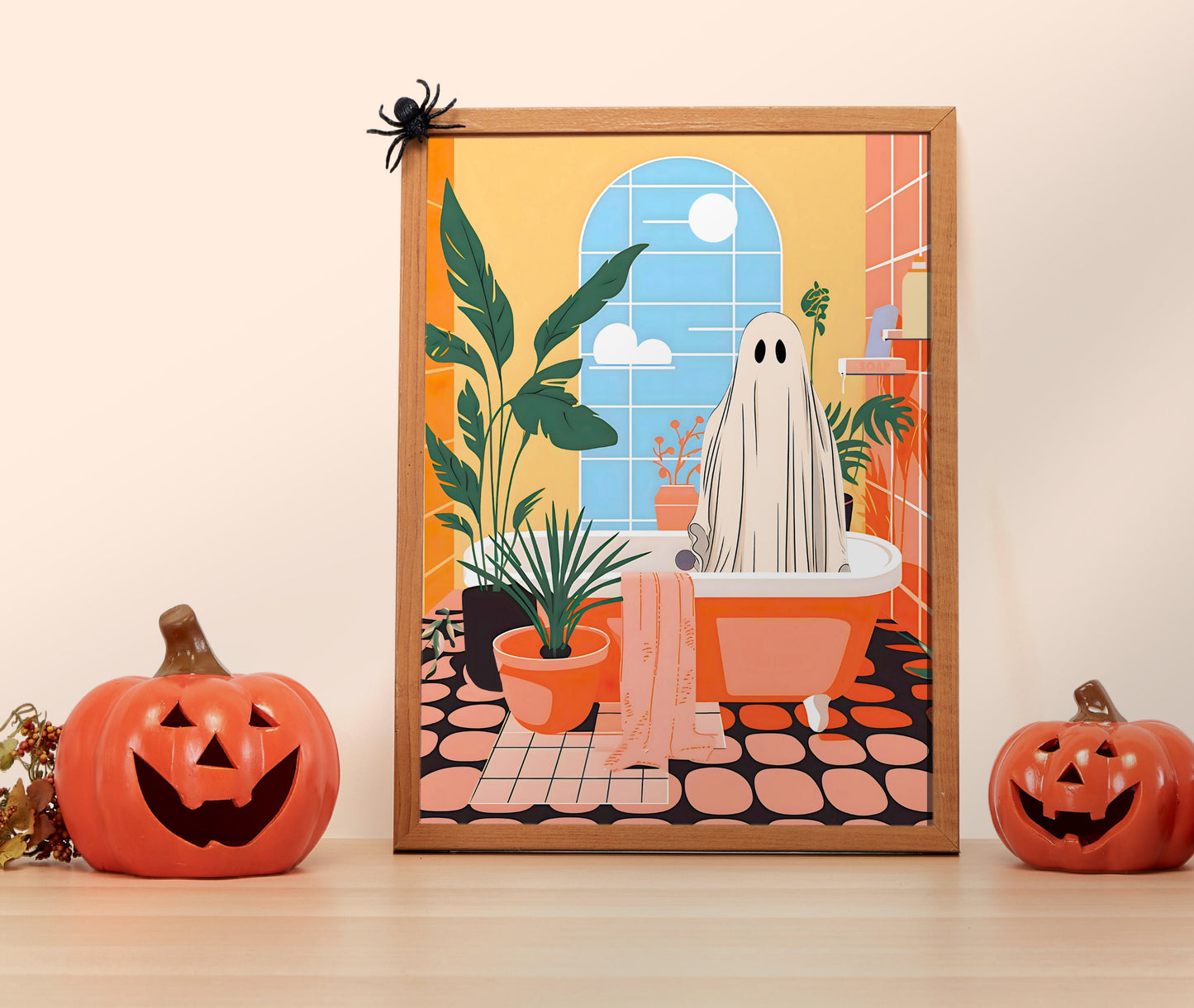 Ghosts Need Baths Too - Cute Ghost Print - Cute Ghost Wall Art - Spooky Bathroom Art - Halloween Bathroom Decor - Maximalist - Vibrant