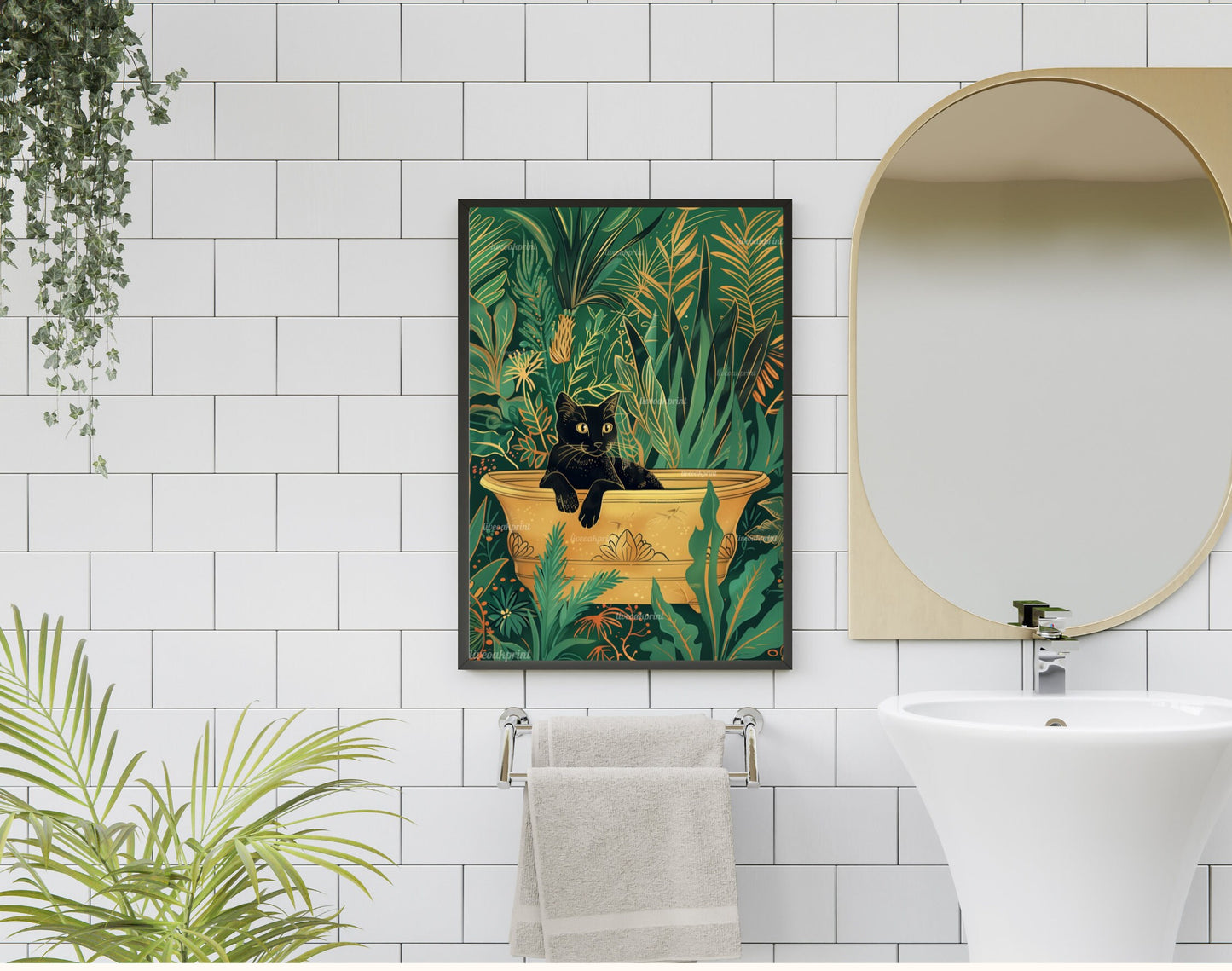 Cat in A Bathtub Print - Tropical Bathroom Art - Gold and Green Bathroom - Funny Cat Bathroom Print - Funny Cat Art - Cat Bathroom Print