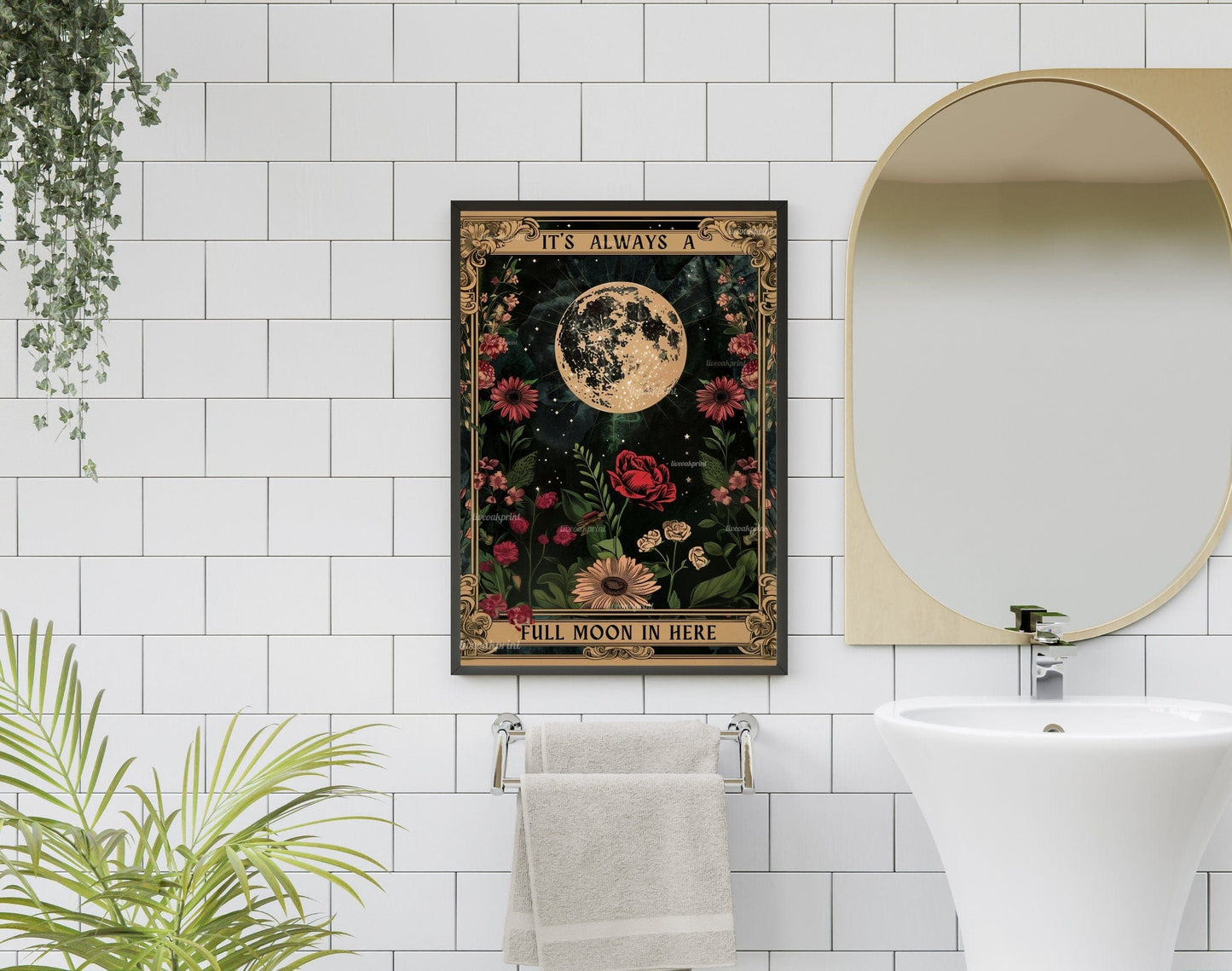 Full Moon Bathroom Print – Witchy Bathroom Wall Art, Funny Celestial Decor, Dark Academia Gothic Bathroom Sign, Moon Phase Poster