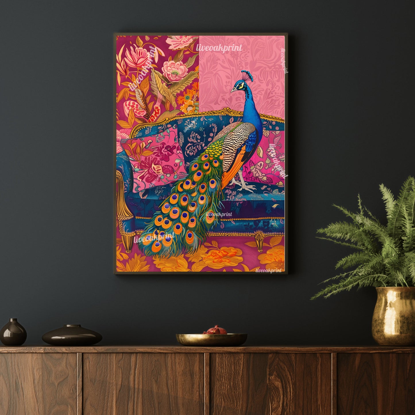 Peacock on a Sofa Print - Peacock Wall Art - Maximalist Living Room - Pink Maximalist Print Luxury Wall Art - Tropical Living Room Decor