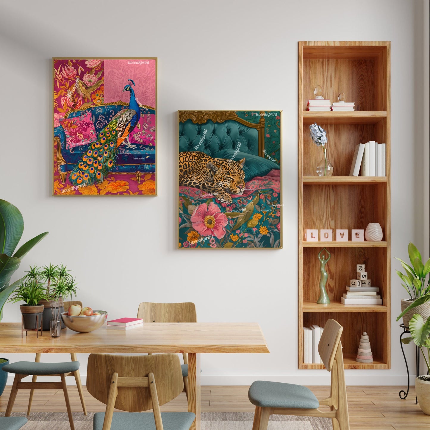 Peacock on a Sofa Print - Peacock Wall Art - Maximalist Living Room - Pink Maximalist Print Luxury Wall Art - Tropical Living Room Decor