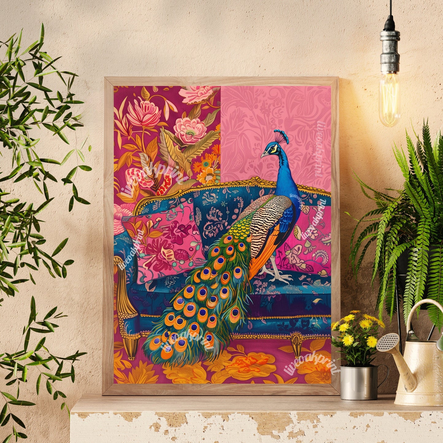 Peacock on a Sofa Print - Peacock Wall Art - Maximalist Living Room - Pink Maximalist Print Luxury Wall Art - Tropical Living Room Decor