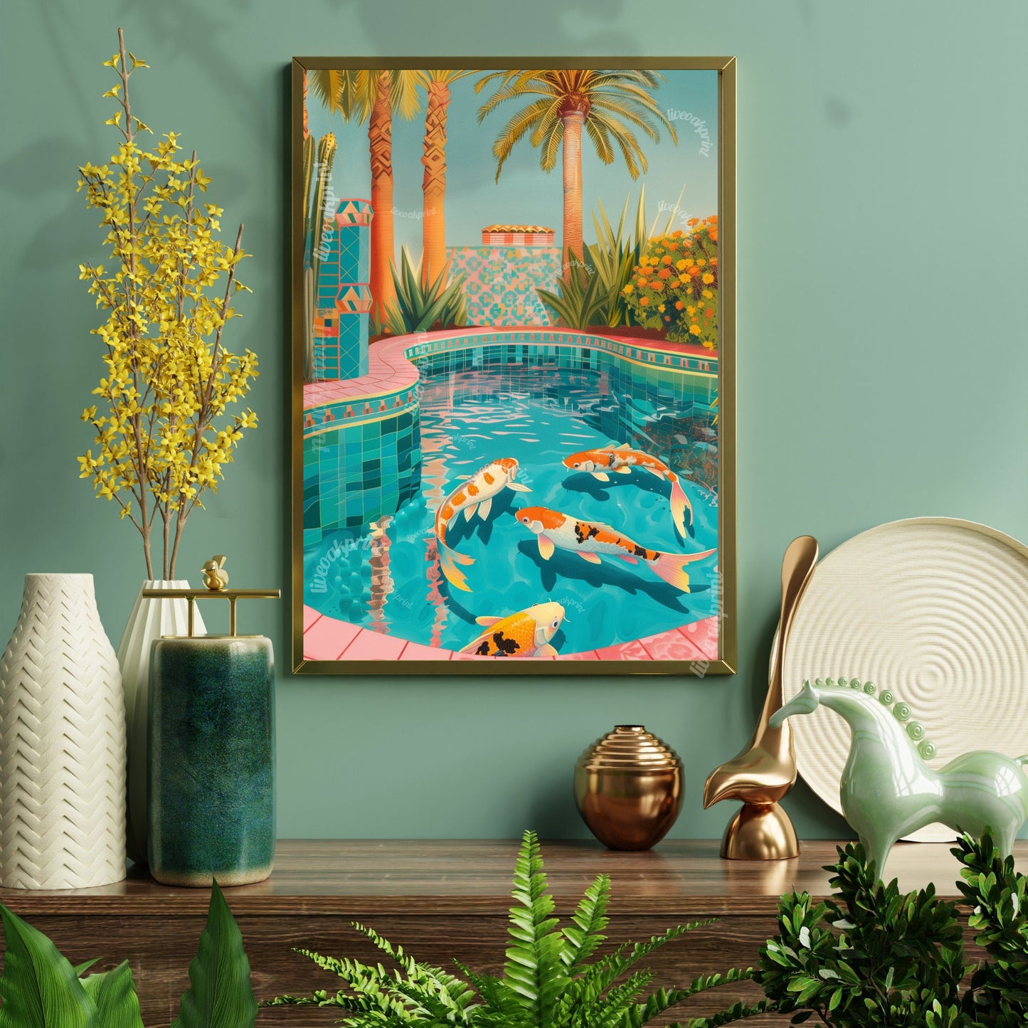 Koi Fish Swimming in a Pool - Coastal Decor - Coastal Print - Palm Tree Print - Boho Wall Art - Maximalist Decor - Coastal Pastel Print
