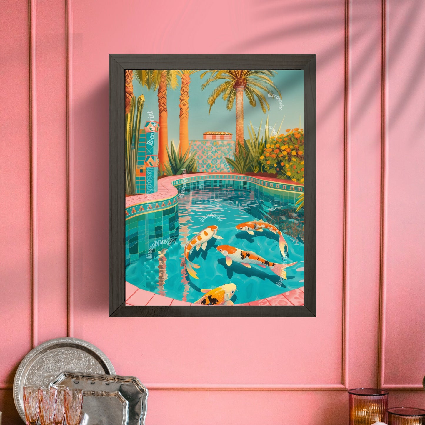 Koi Fish Swimming in a Pool - Coastal Decor - Coastal Print - Palm Tree Print - Boho Wall Art - Maximalist Decor - Coastal Pastel Print