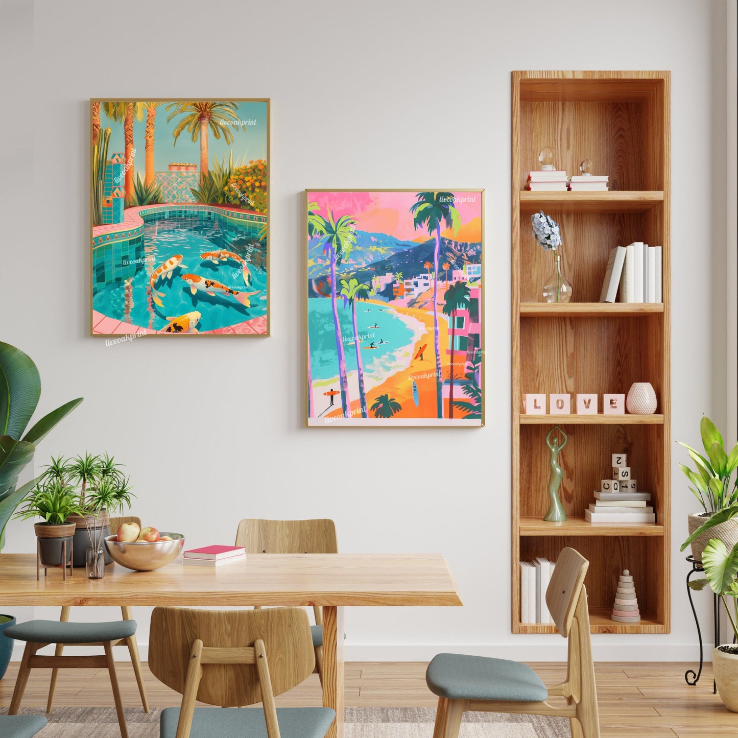 Koi Fish Swimming in a Pool - Coastal Decor - Coastal Print - Palm Tree Print - Boho Wall Art - Maximalist Decor - Coastal Pastel Print