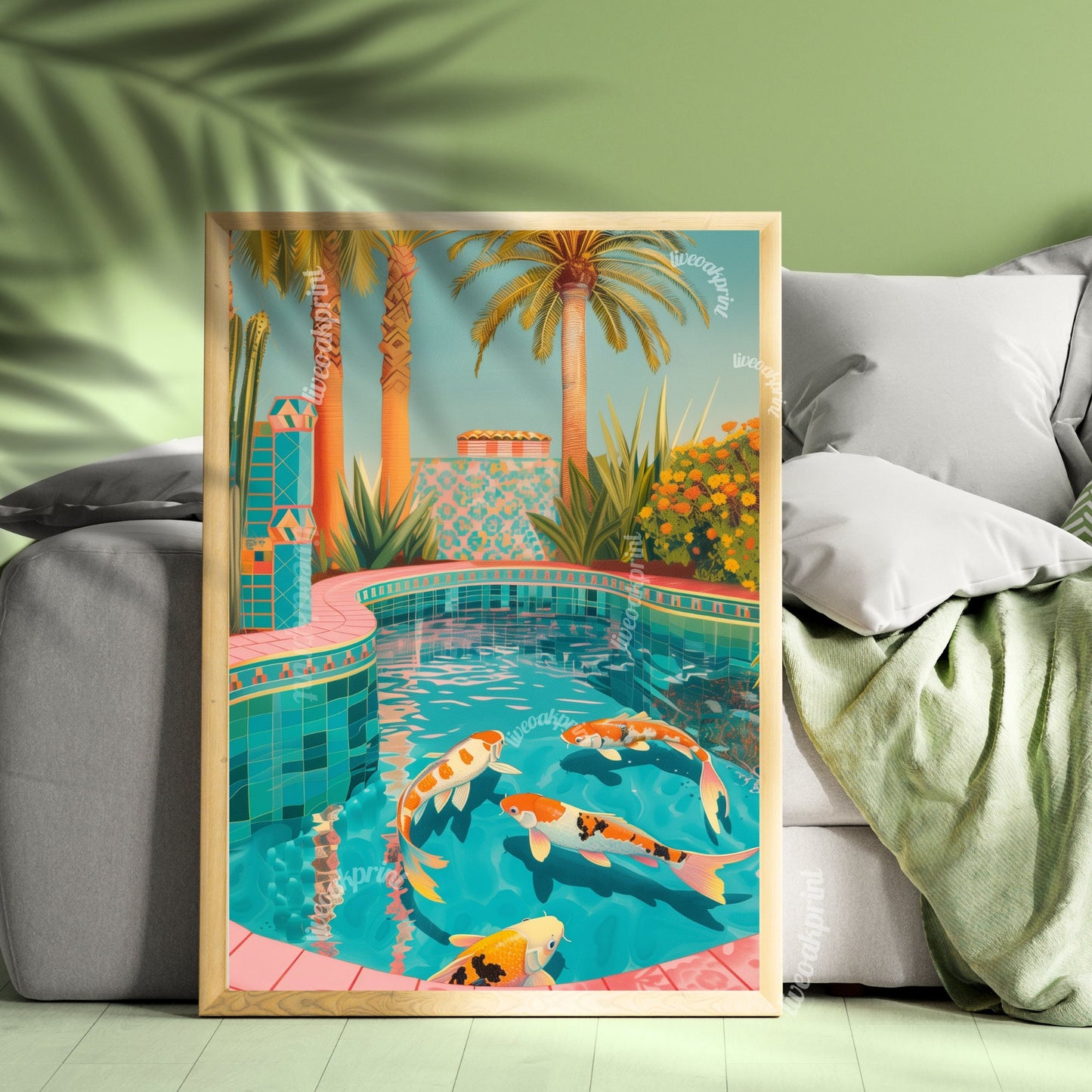 Koi Fish Swimming in a Pool - Coastal Decor - Coastal Print - Palm Tree Print - Boho Wall Art - Maximalist Decor - Coastal Pastel Print