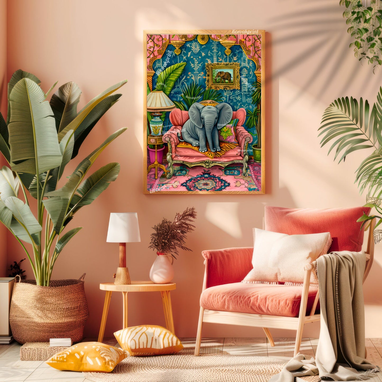Baby Elephant on a Sofa Print - Elephant Print - Maximalist Living Room - Elephant Nursery - Pink Maximalist Print - Tropical Living Room