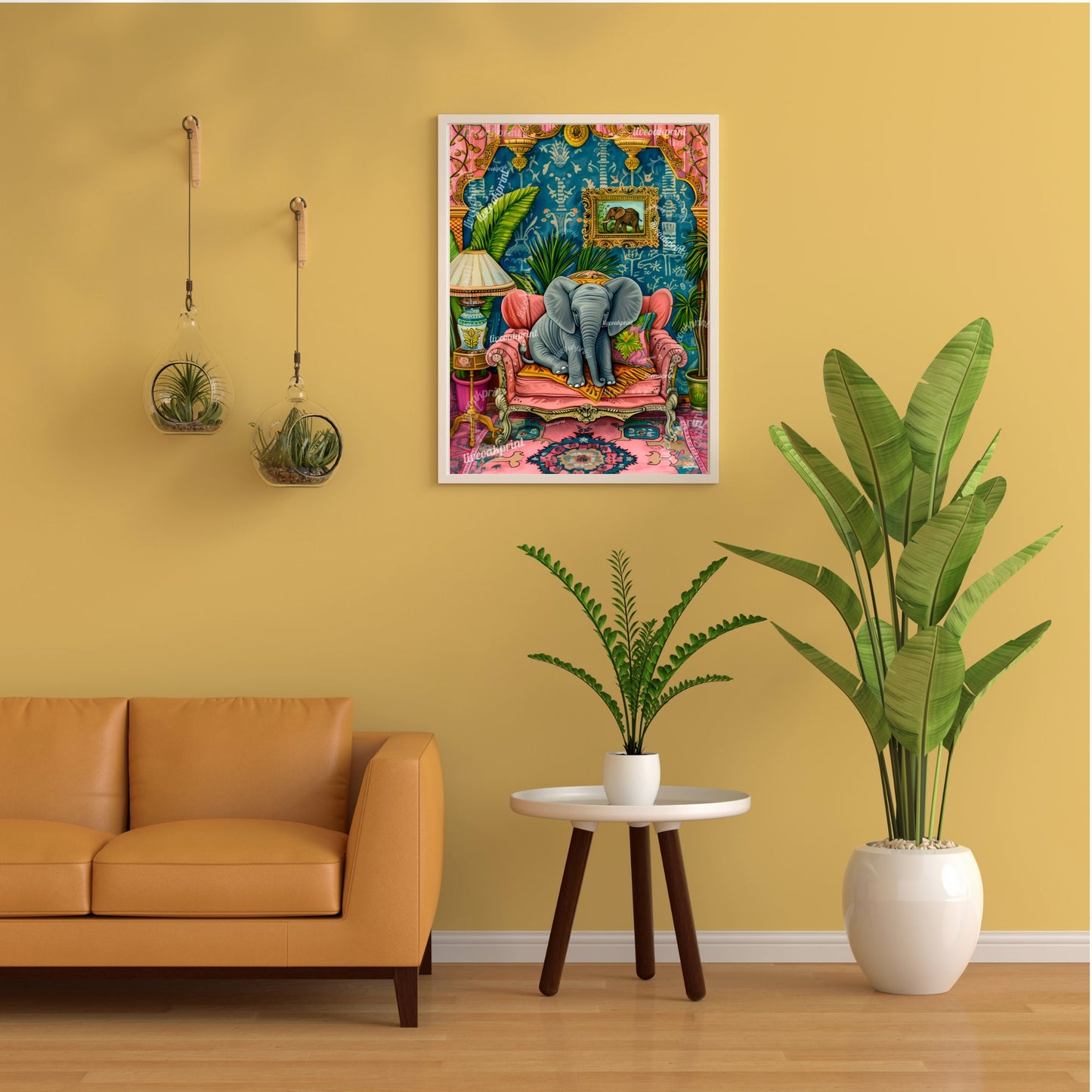Baby Elephant on a Sofa Print - Elephant Print - Maximalist Living Room - Elephant Nursery - Pink Maximalist Print - Tropical Living Room