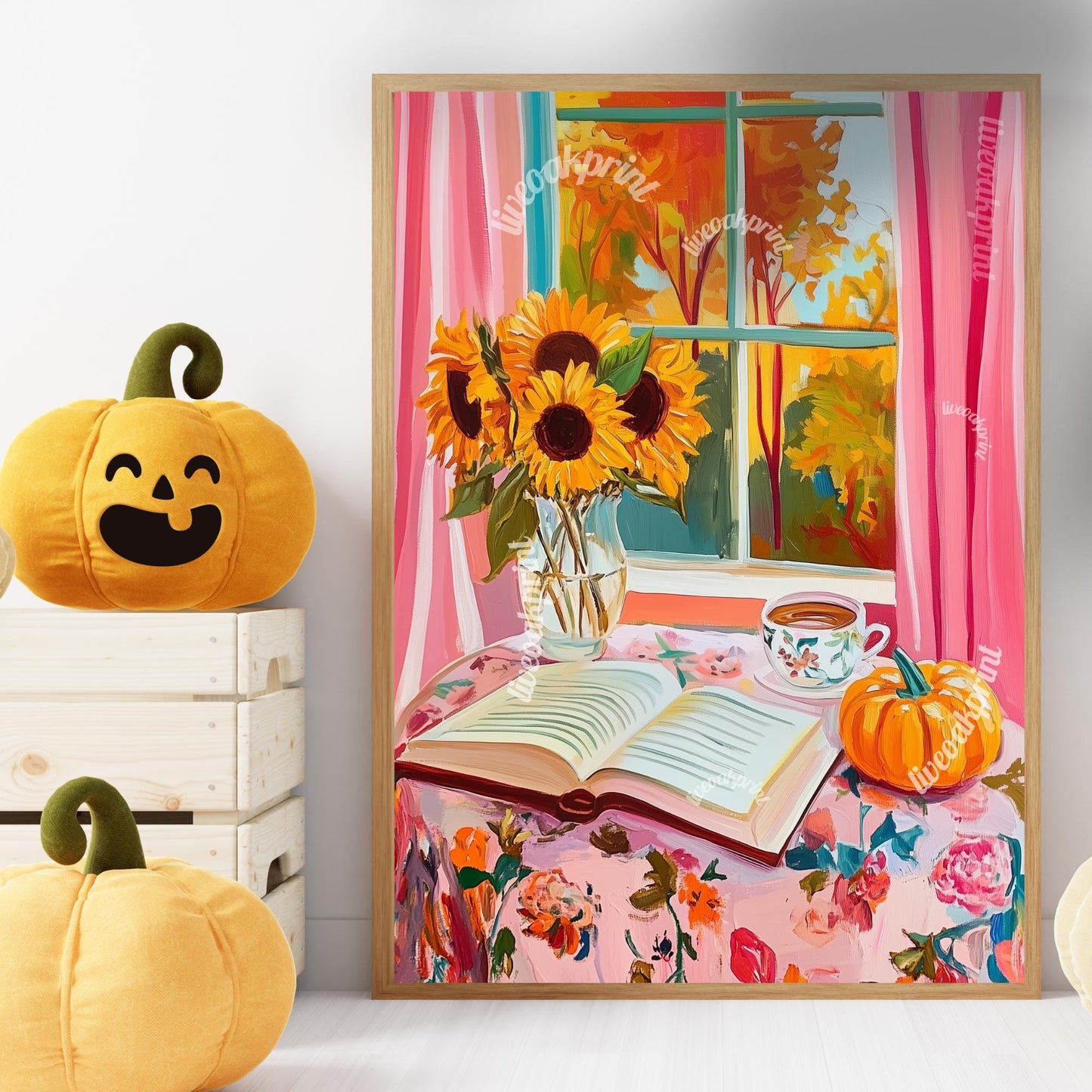 Cozy Reading Sunflowers and Pumpkin