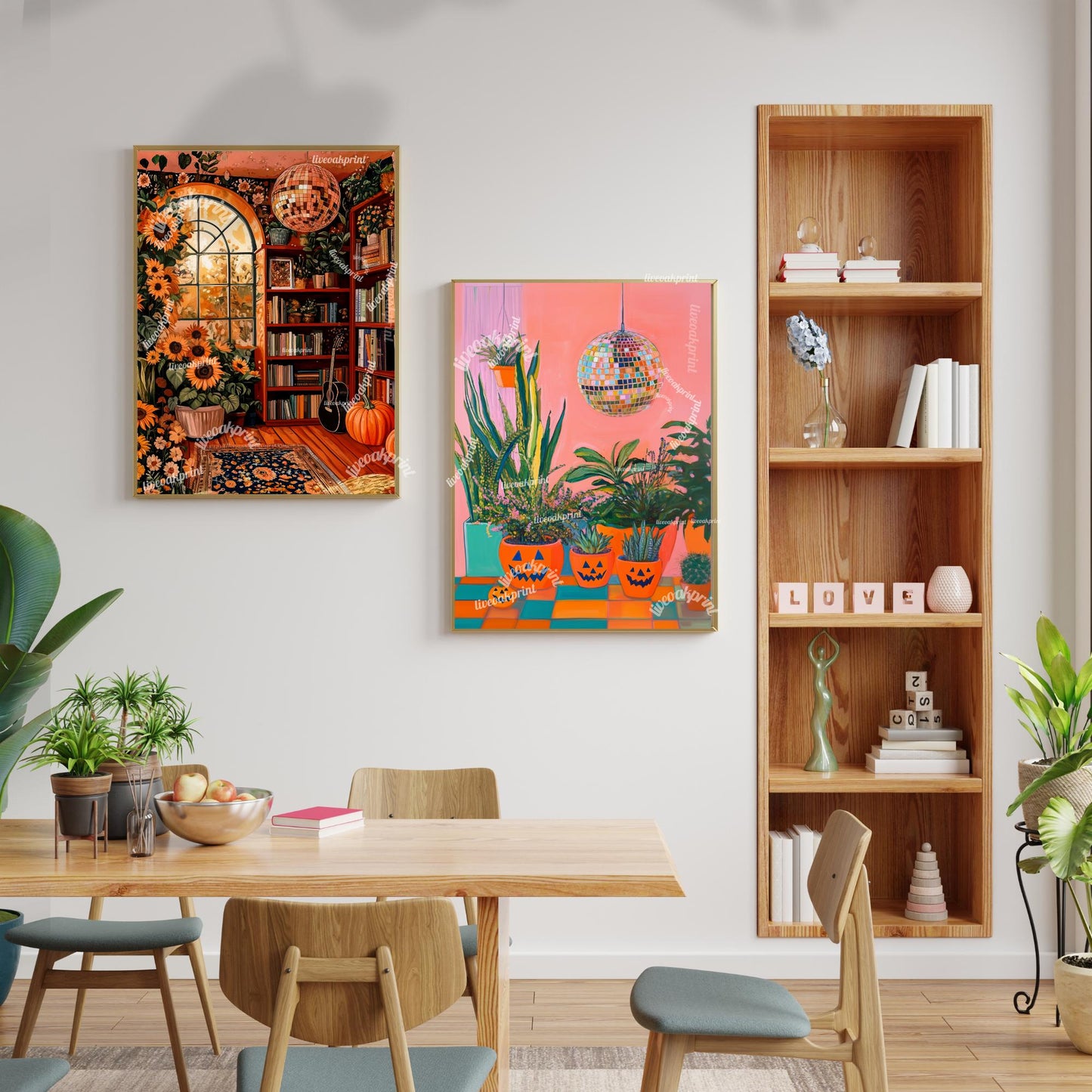 Autumn Disco Library with Sunflowers Print