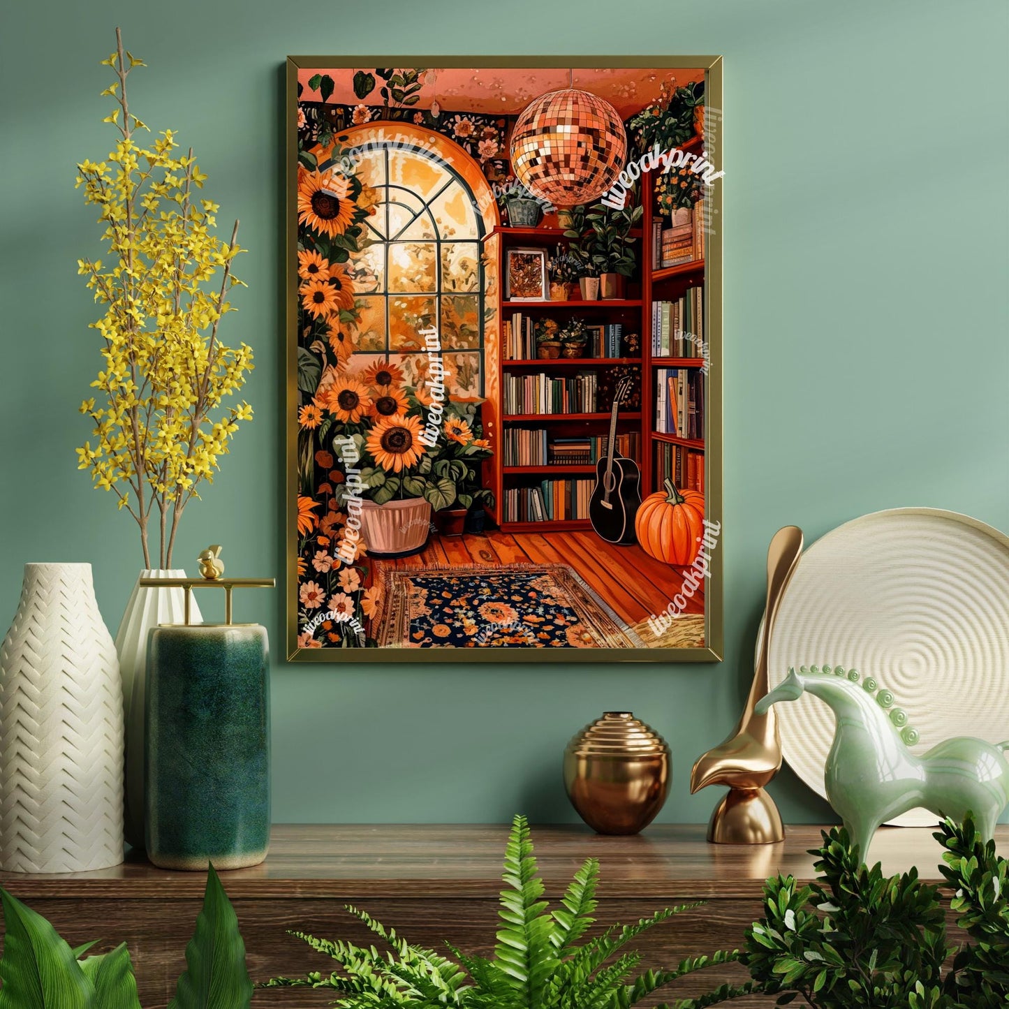 Autumn Disco Library with Sunflowers Print