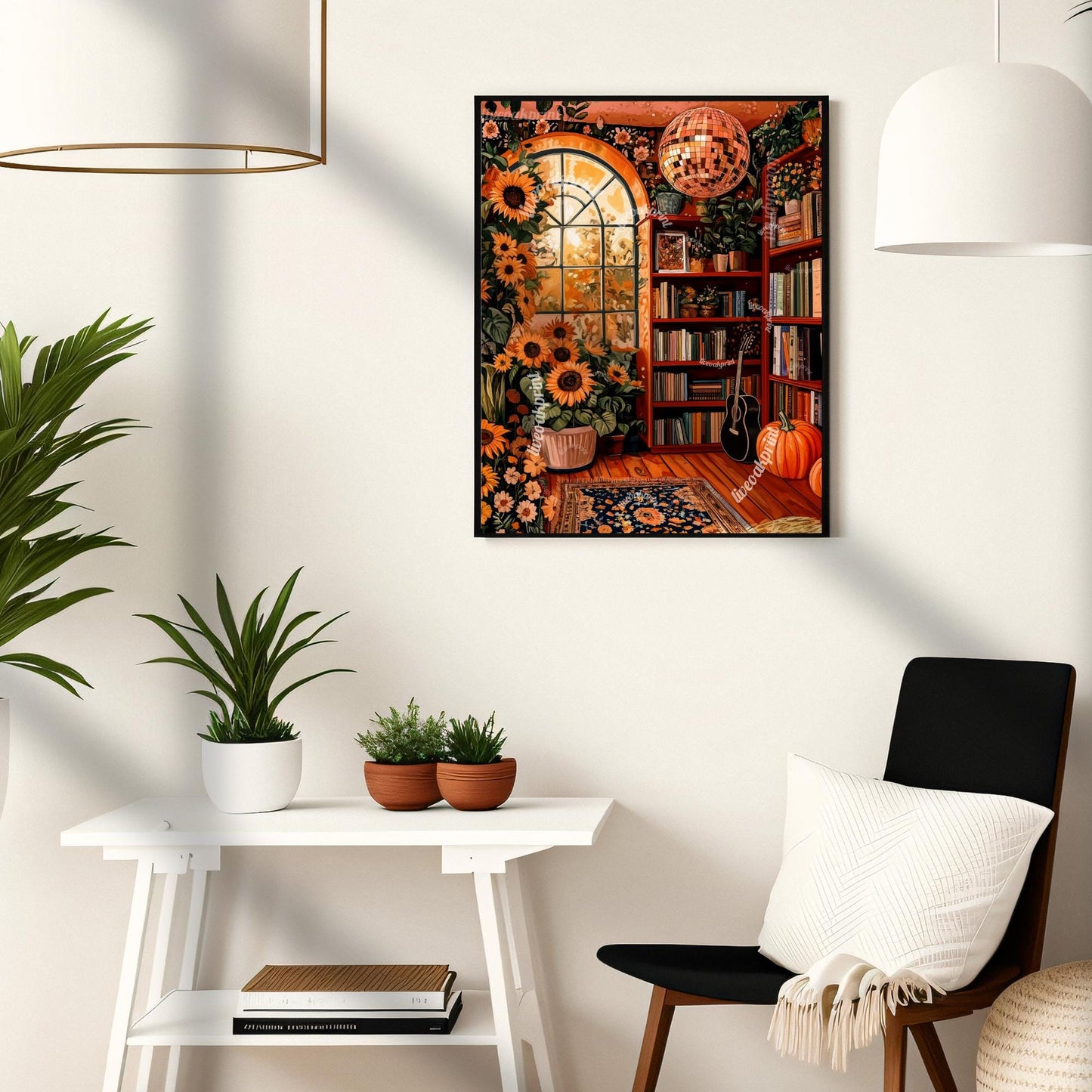 Autumn Disco Library with Sunflowers Print
