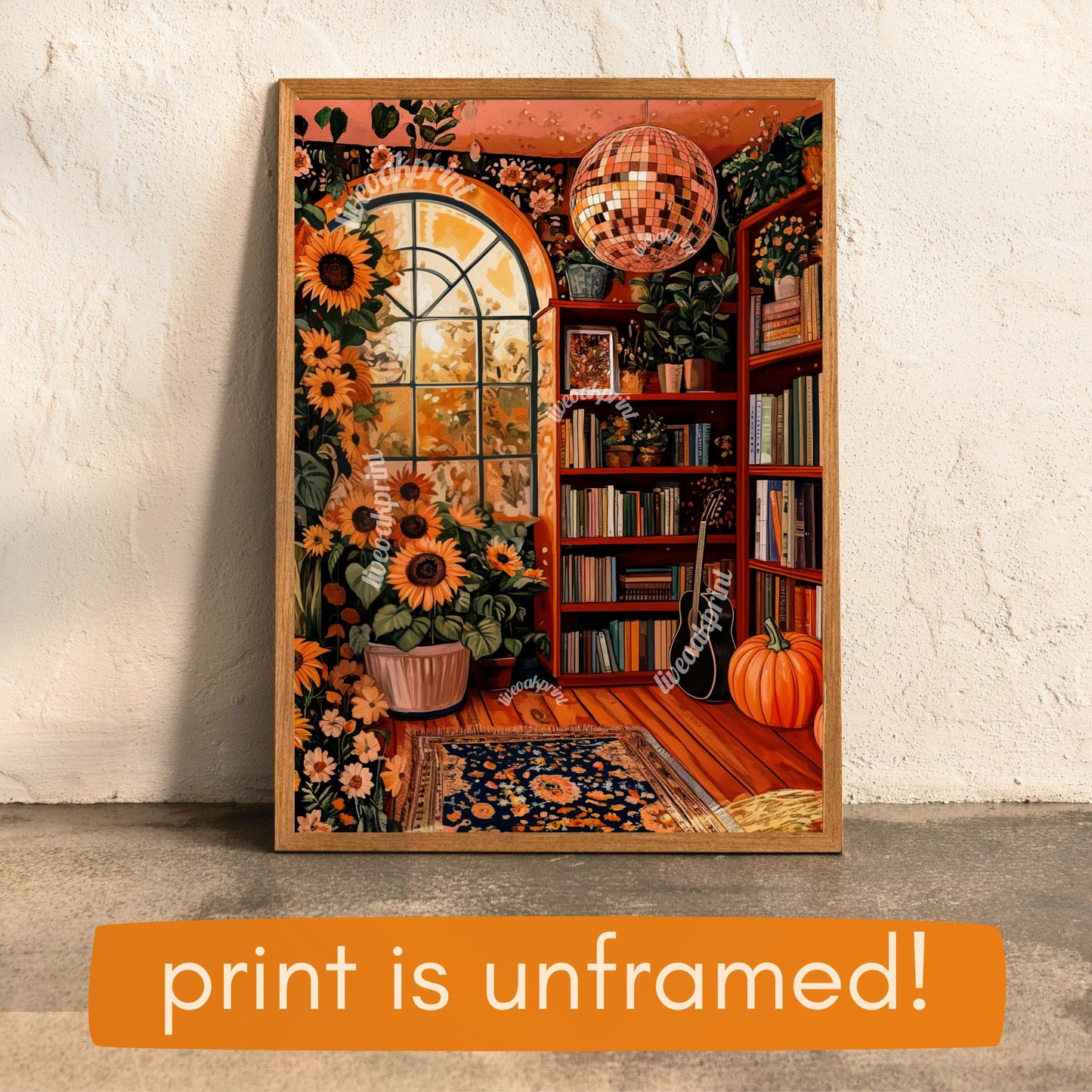 Autumn Disco Library with Sunflowers Print