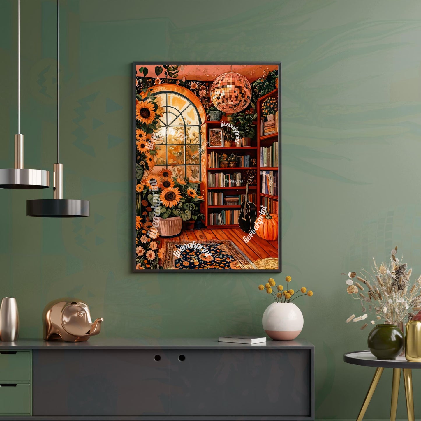 Autumn Disco Library with Sunflowers Print