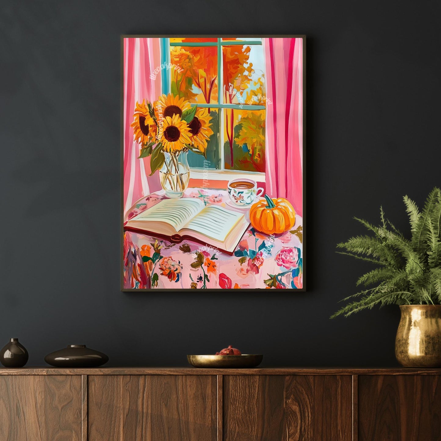 Cozy Reading Sunflowers and Pumpkin