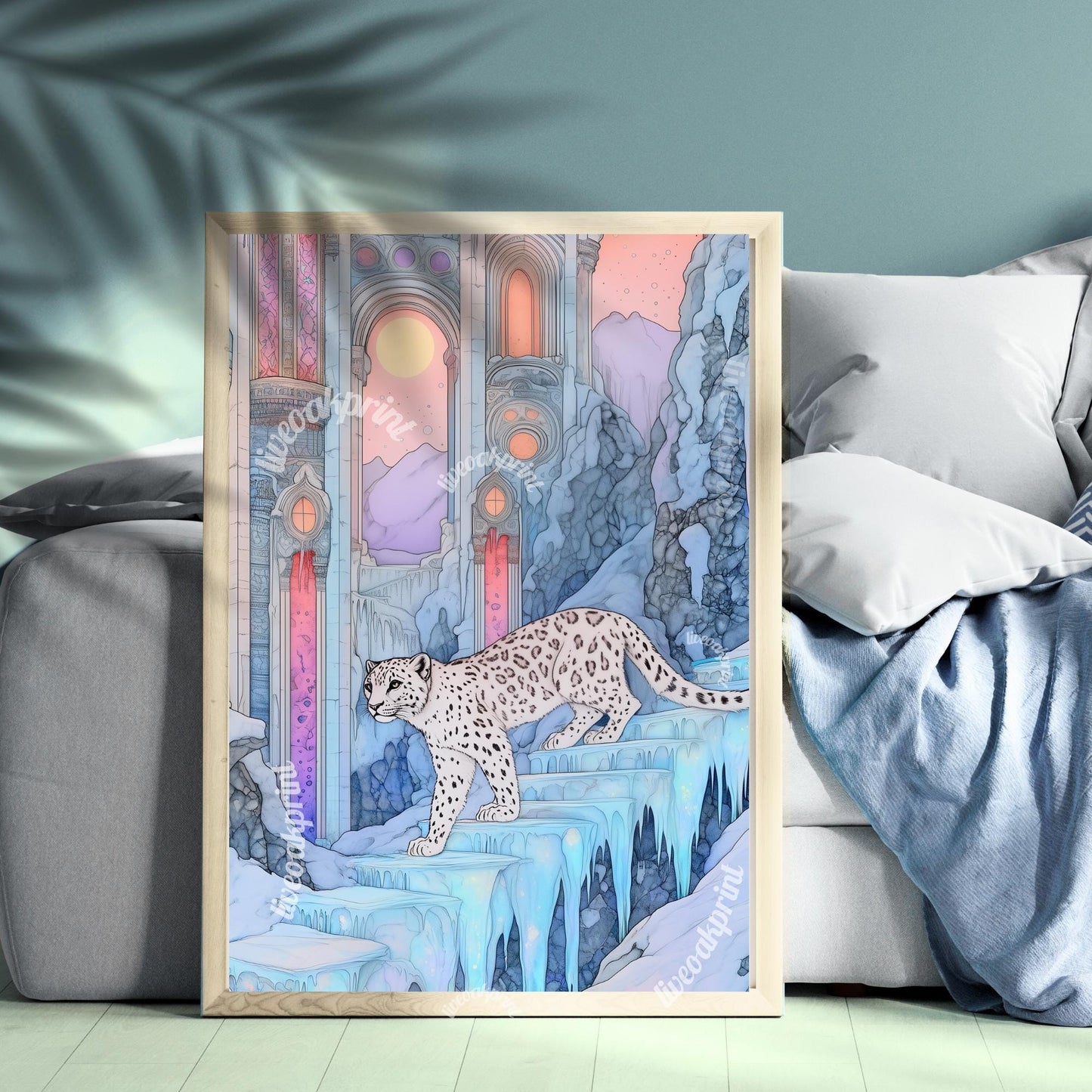 Snow Leopard In An Ice Palace - Maximalist Winter Art - Boho Wall Decor - Blue Leopard Wall Art - Pastel Maximalist Print