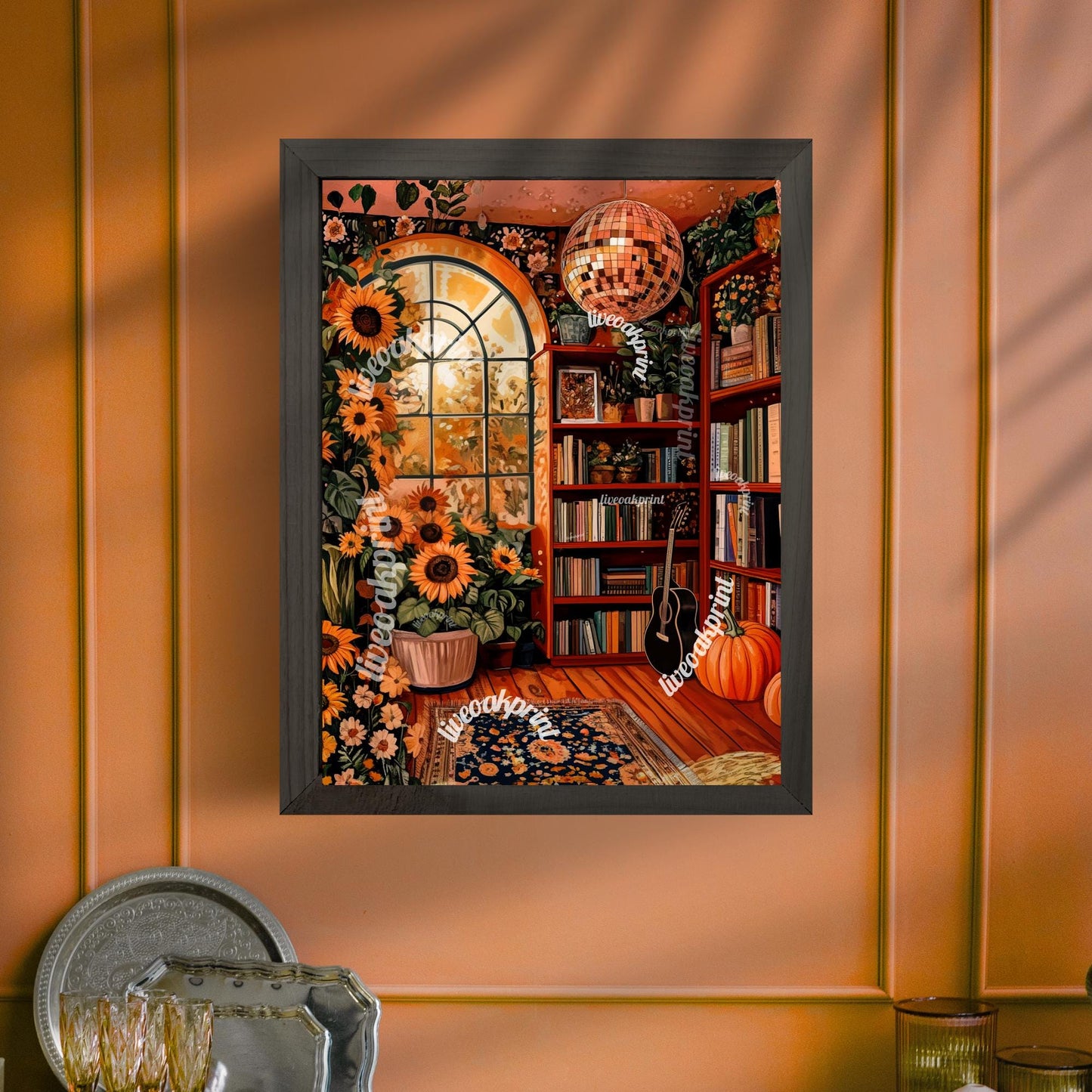 Autumn Disco Library with Sunflowers Print