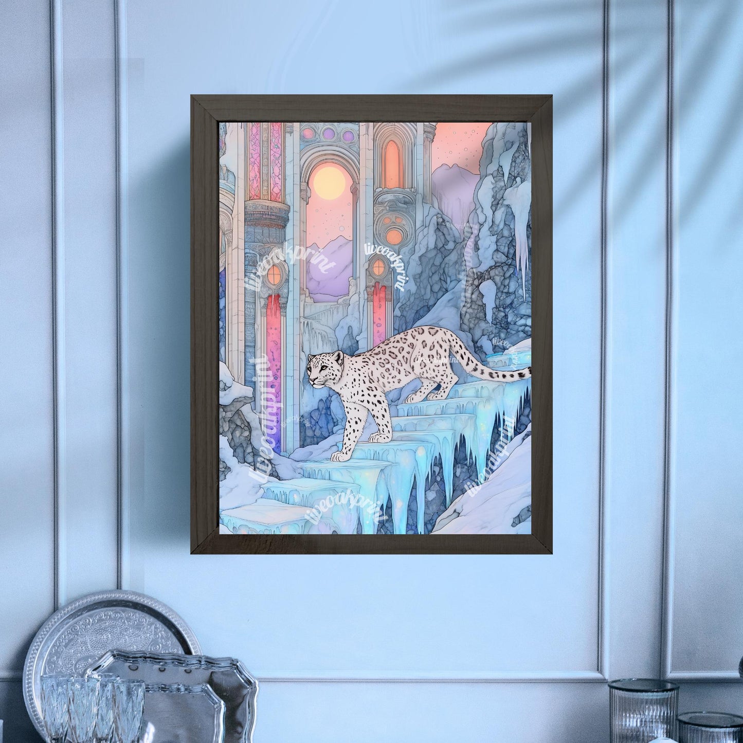Snow Leopard In An Ice Palace - Maximalist Winter Art - Boho Wall Decor - Blue Leopard Wall Art - Pastel Maximalist Print