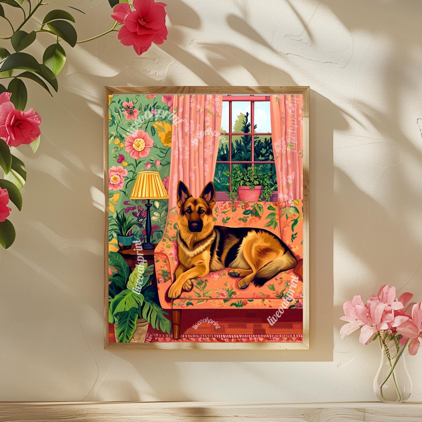German Shepherd Lounging on a Luxury Sofa – Maximalist Wall Art – German Shepherd Dog Print – Dog Wall Art