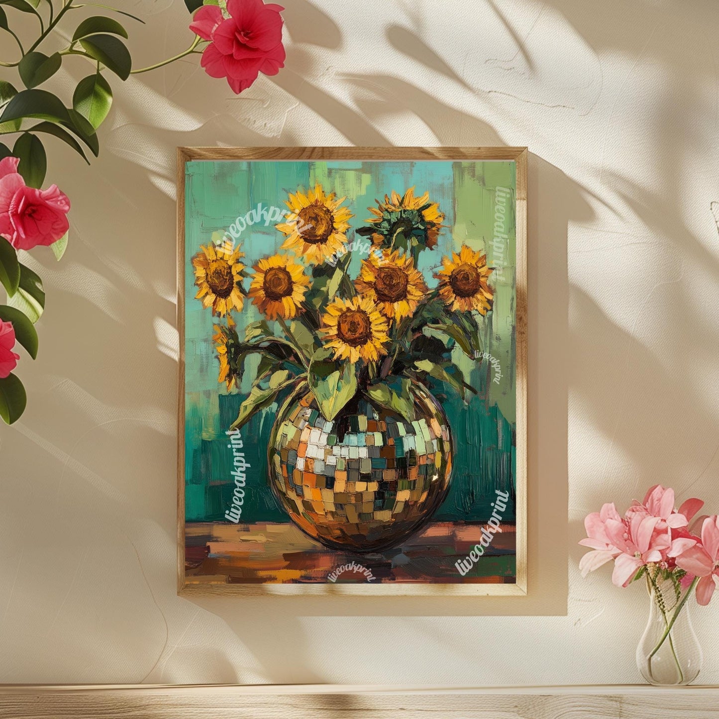 Green Impressionist Sunflowers in a Disco Vase