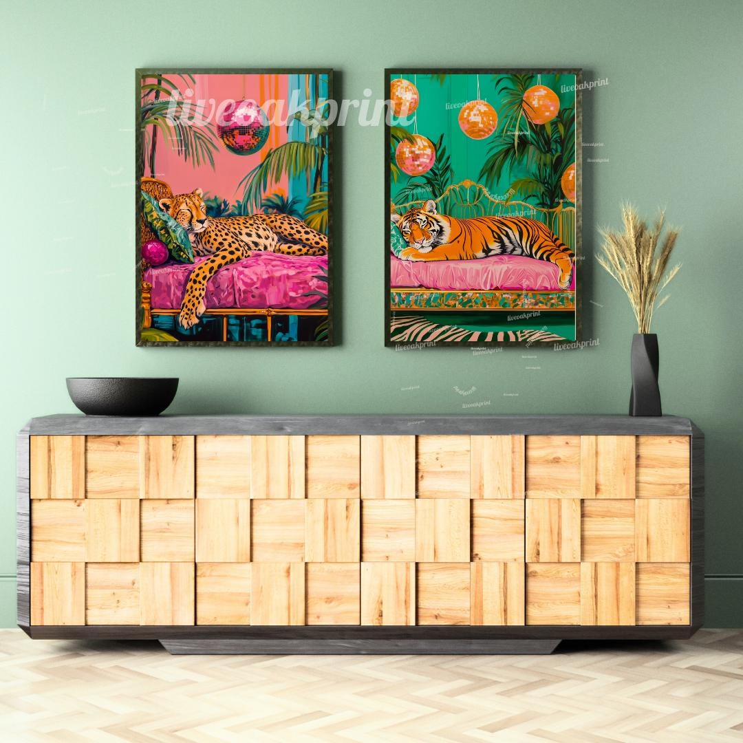 Cheetah and Tiger Sleeping Under Disco Balls Print Set - Maximalist Animal Wall Art - Disco Animal Prints - Whimsical Boho Decor - Eclectic