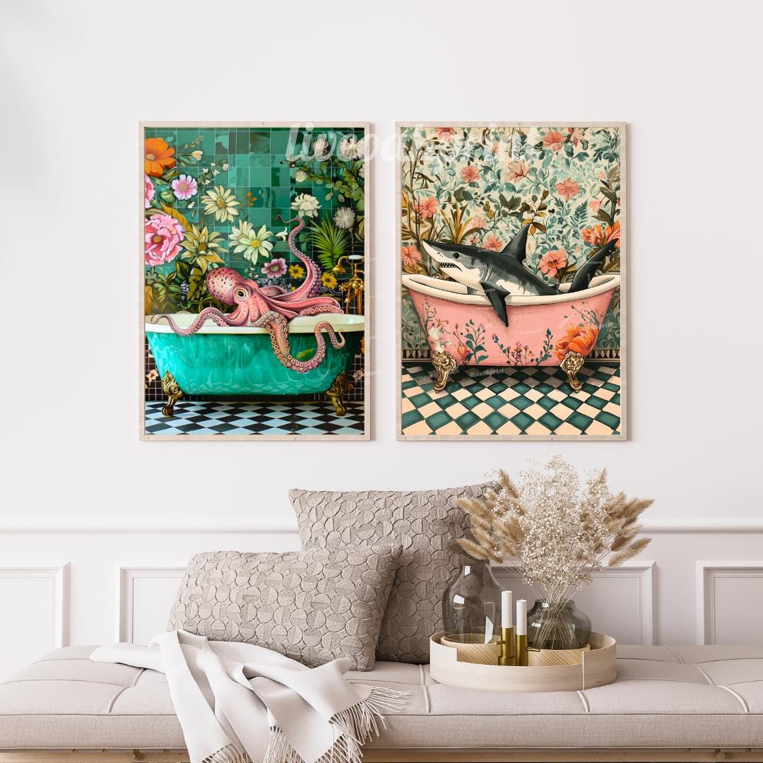 Octopus and Shark in Bathtub Print Bundle - Whimsical Bathroom Art - Funny Animal Prints - Quirky Wall Decor - Nautical Bathroom Art