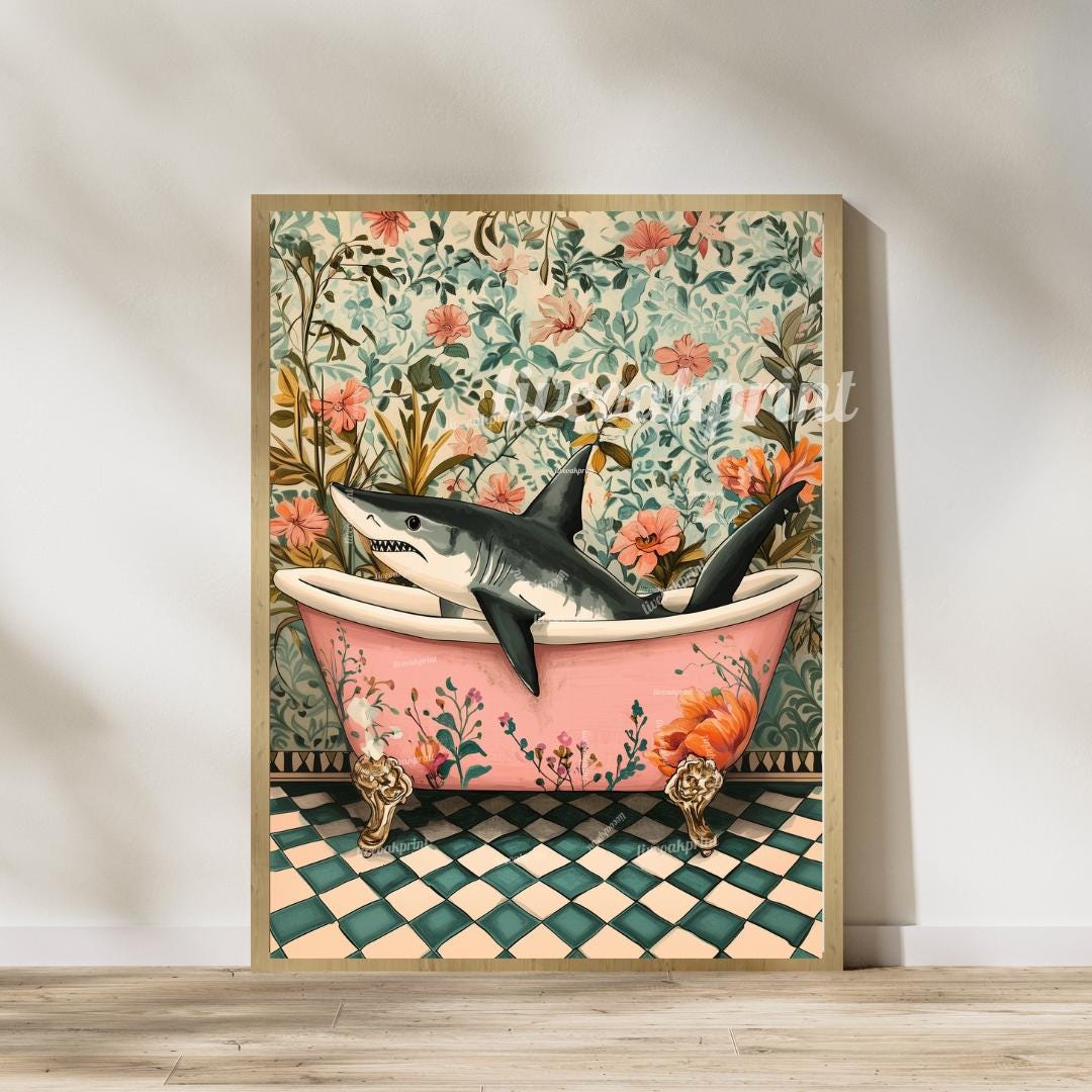 Octopus and Shark in Bathtub Print Bundle - Whimsical Bathroom Art - Funny Animal Prints - Quirky Wall Decor - Nautical Bathroom Art