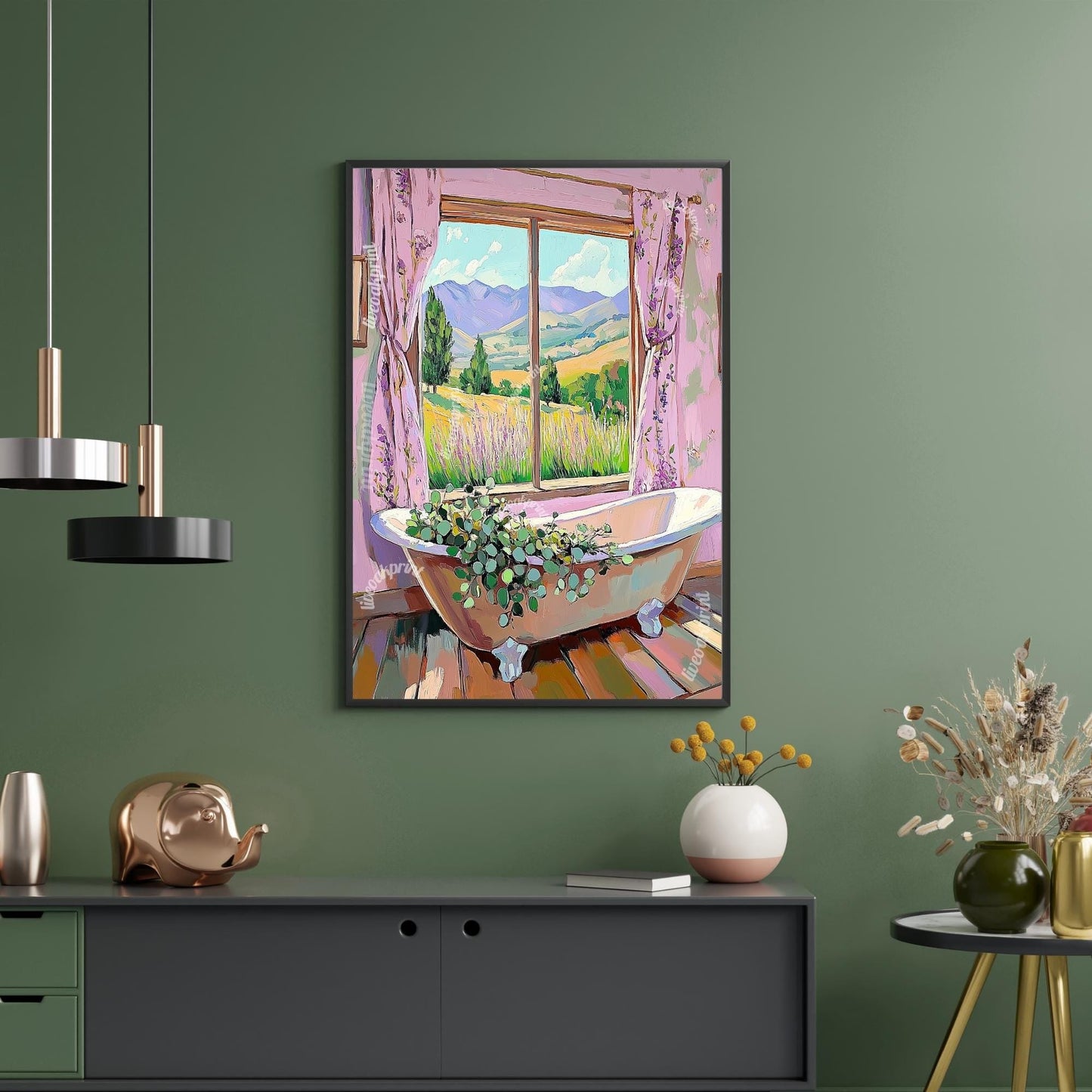 Eucalyptus Bathtub Wall Art - Soft Pink, Purple, and Sage Green Botanical Bathroom Print - Pastel Cottagecore Decor - Pastel Bathroom Decor