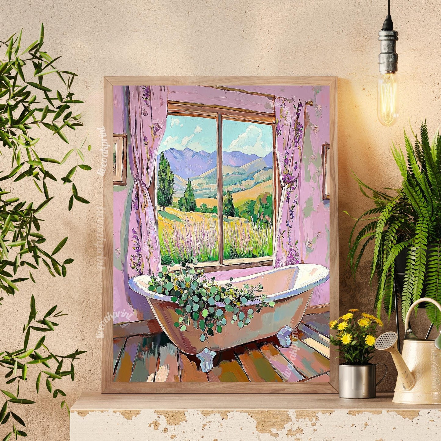 Eucalyptus Bathtub Wall Art - Soft Pink, Purple, and Sage Green Botanical Bathroom Print - Pastel Cottagecore Decor - Pastel Bathroom Decor