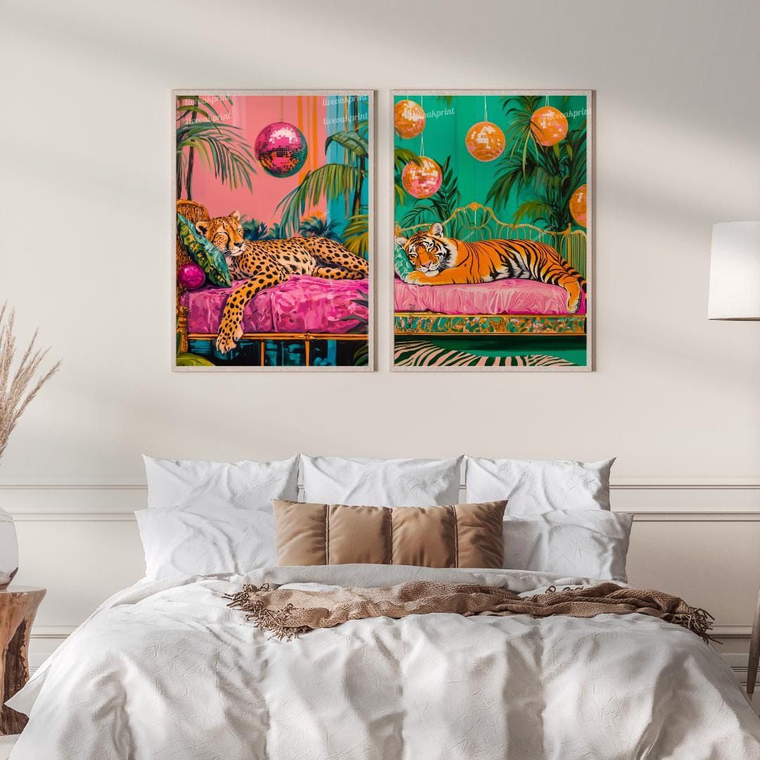 Cheetah and Tiger Sleeping Under Disco Balls Print Set - Maximalist Animal Wall Art - Disco Animal Prints - Whimsical Boho Decor - Eclectic