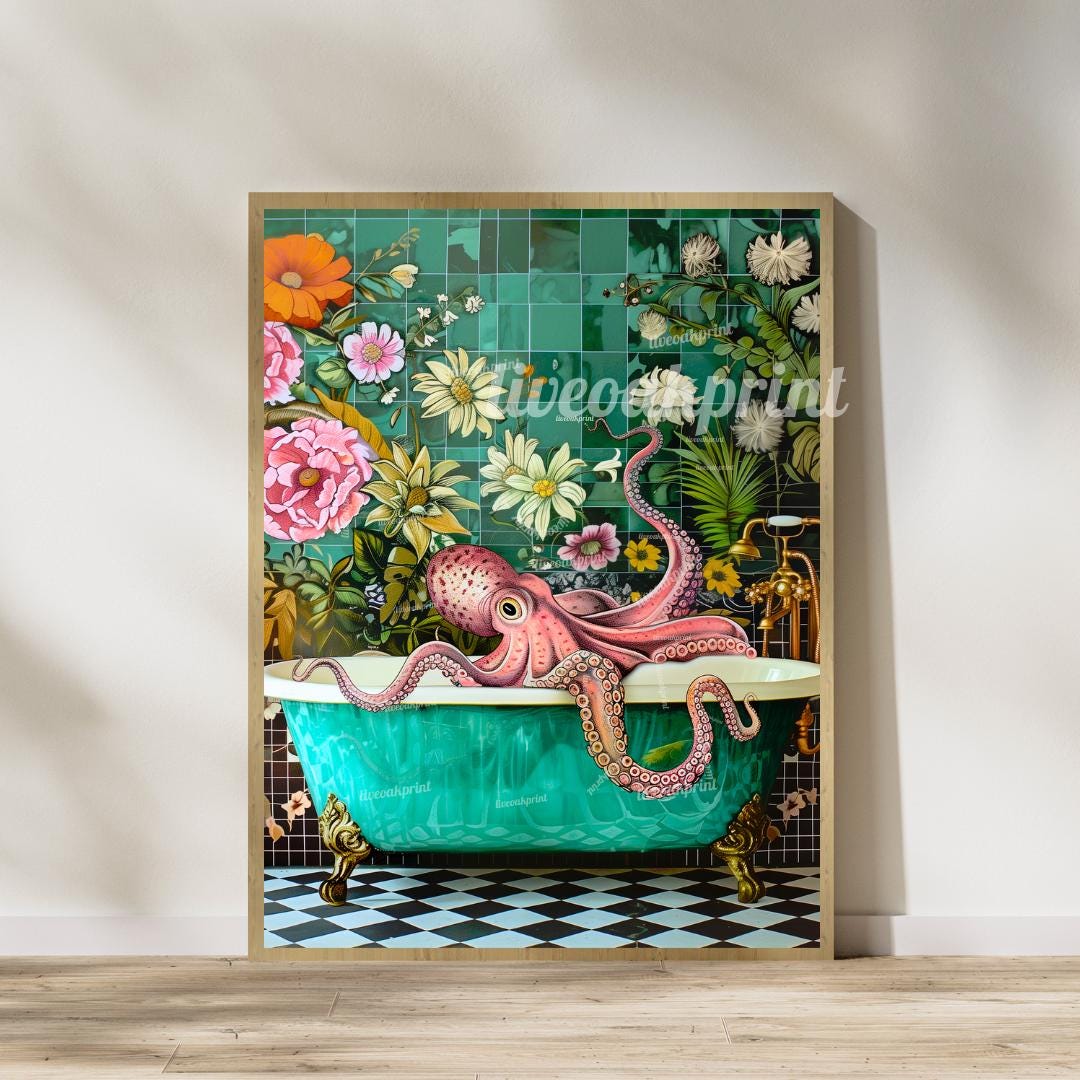 Octopus and Shark in Bathtub Print Bundle - Whimsical Bathroom Art - Funny Animal Prints - Quirky Wall Decor - Nautical Bathroom Art
