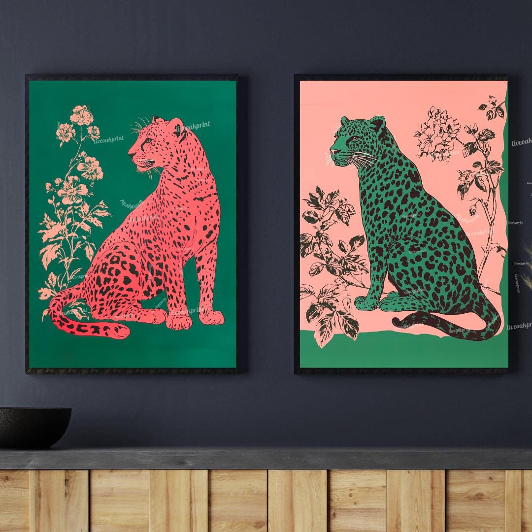 Emerald Leopard and Pink Leopard Art Set of Two Prints