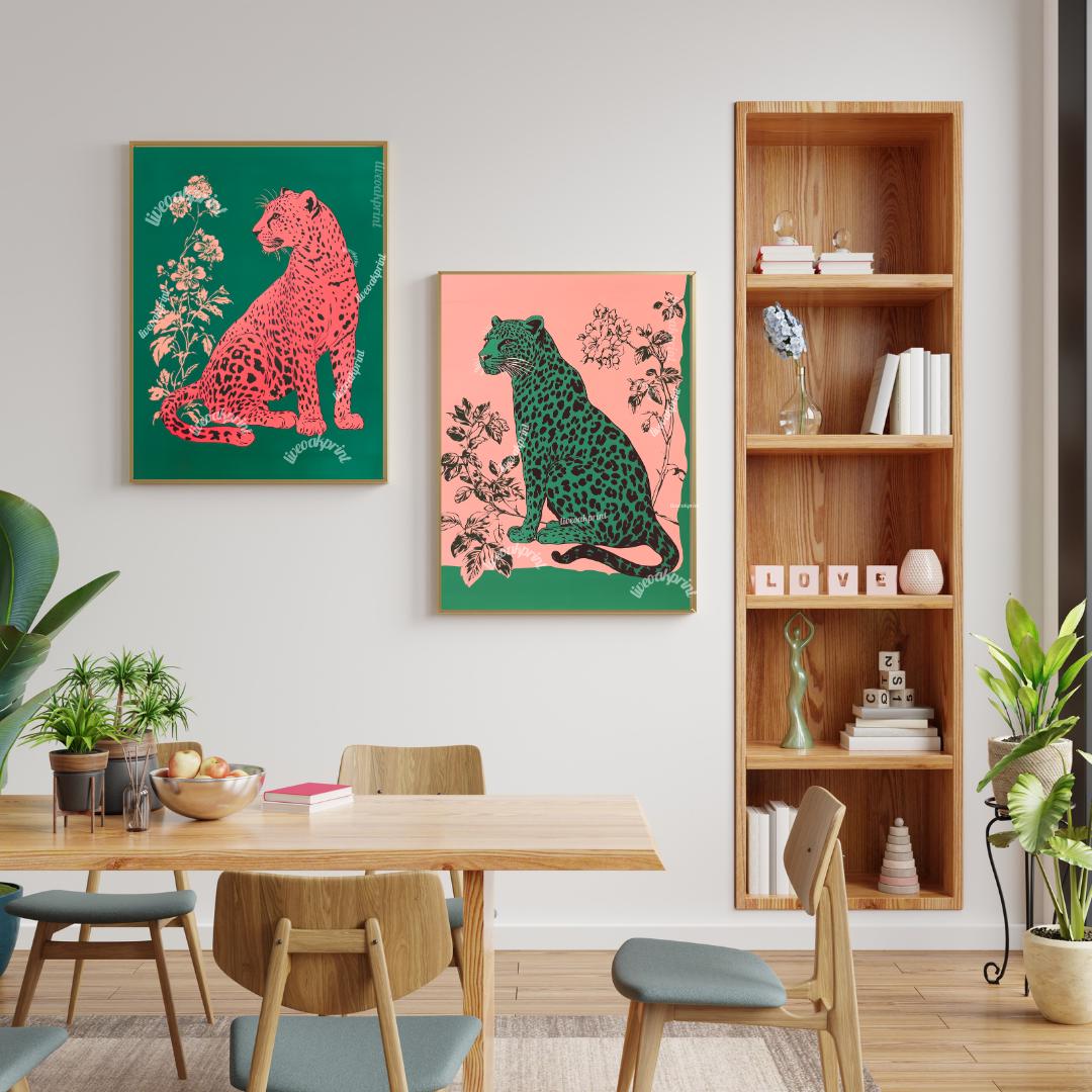 Emerald Leopard and Pink Leopard Art Set of Two Prints