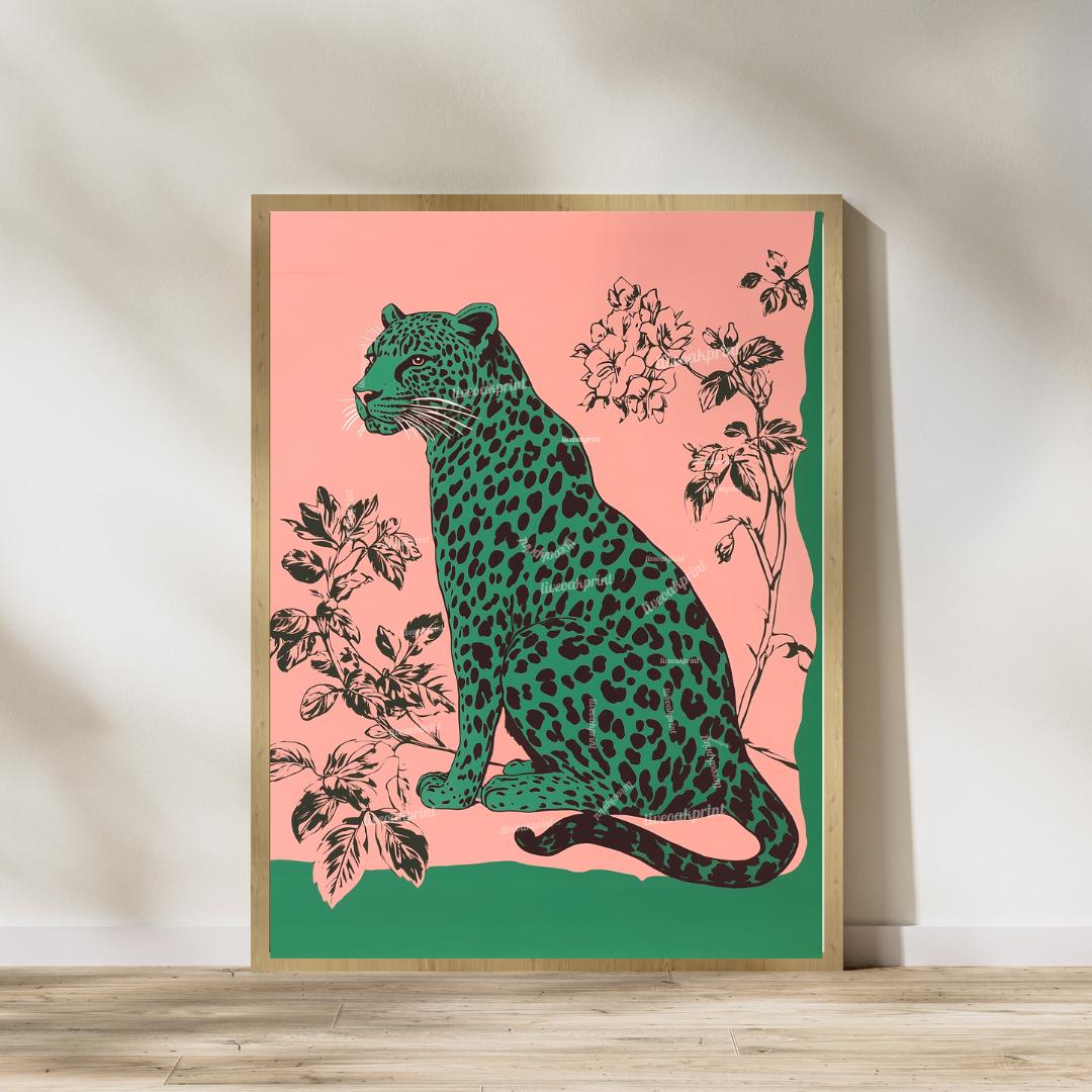 Emerald Leopard and Pink Leopard Art Set of Two Prints