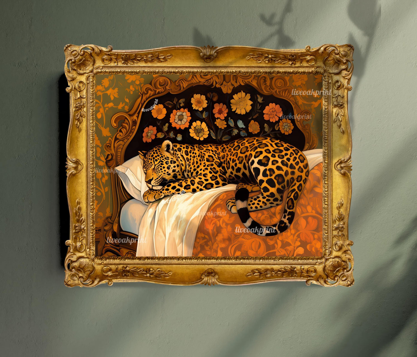 Terracotta Leopard Wall Art - Sleepy Leopard in Vintage Bed Print - Warm Burnt Orange Decor - Whimsical Animal Art - Boho Maximalist Decor