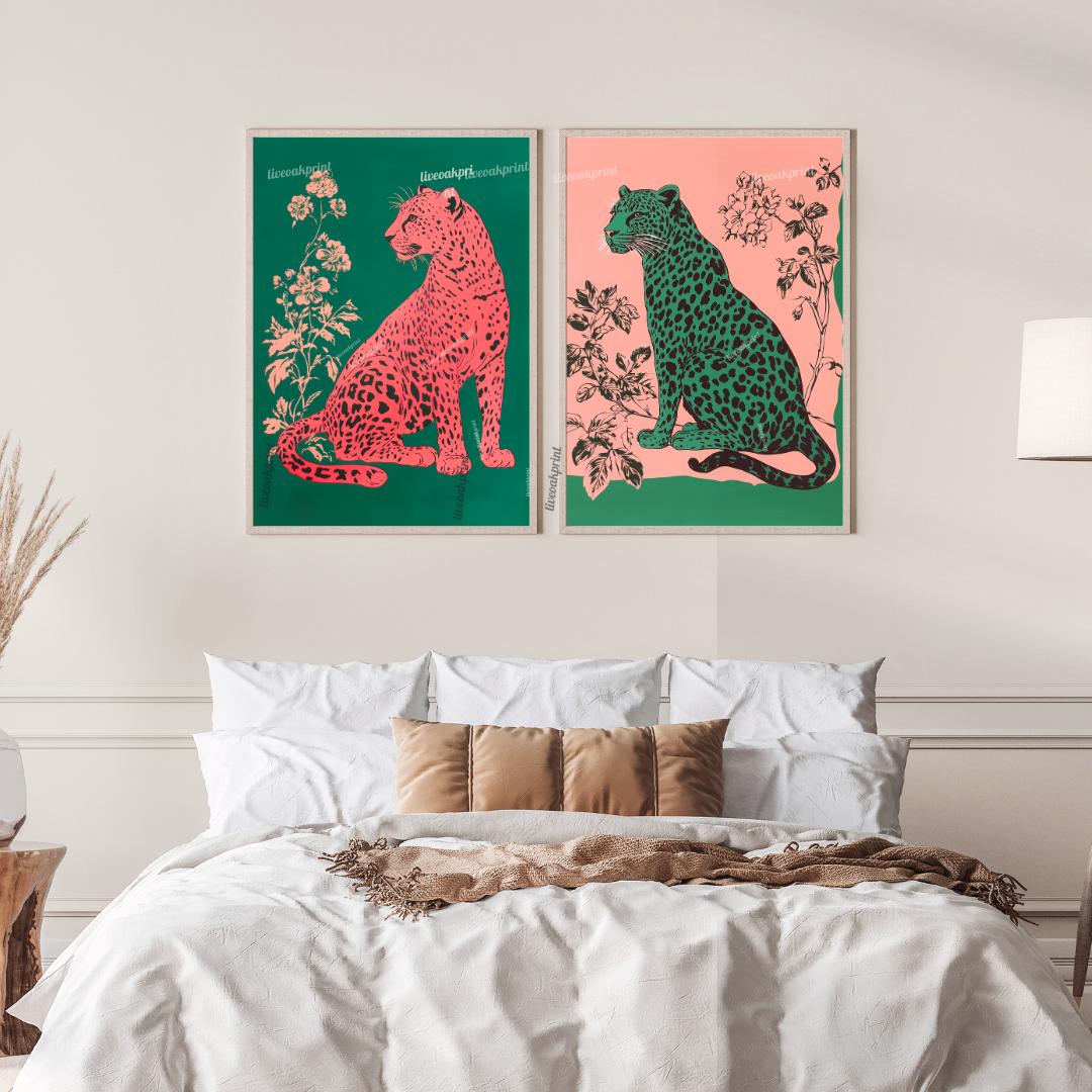 Emerald Leopard and Pink Leopard Art Set of Two Prints