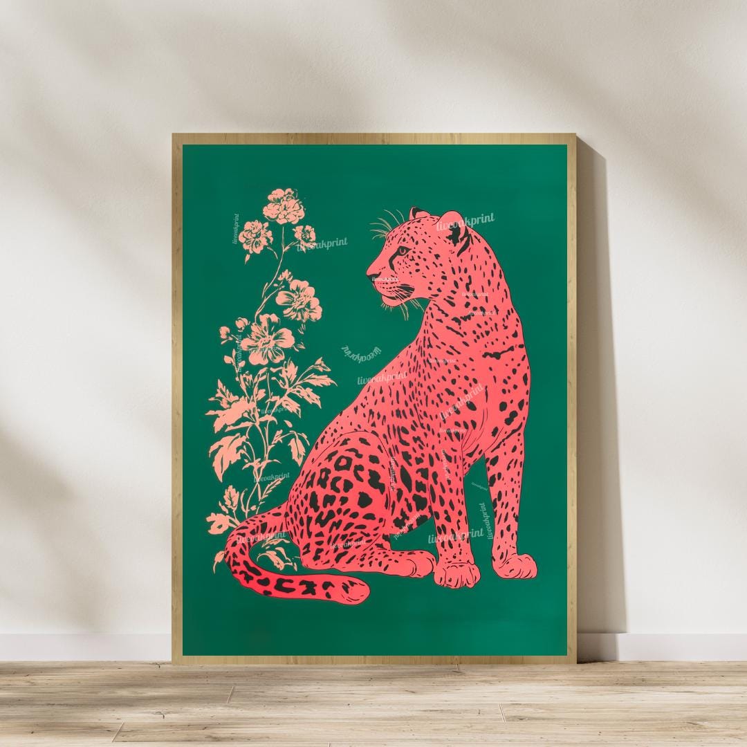 Emerald Leopard and Pink Leopard Art Set of Two Prints