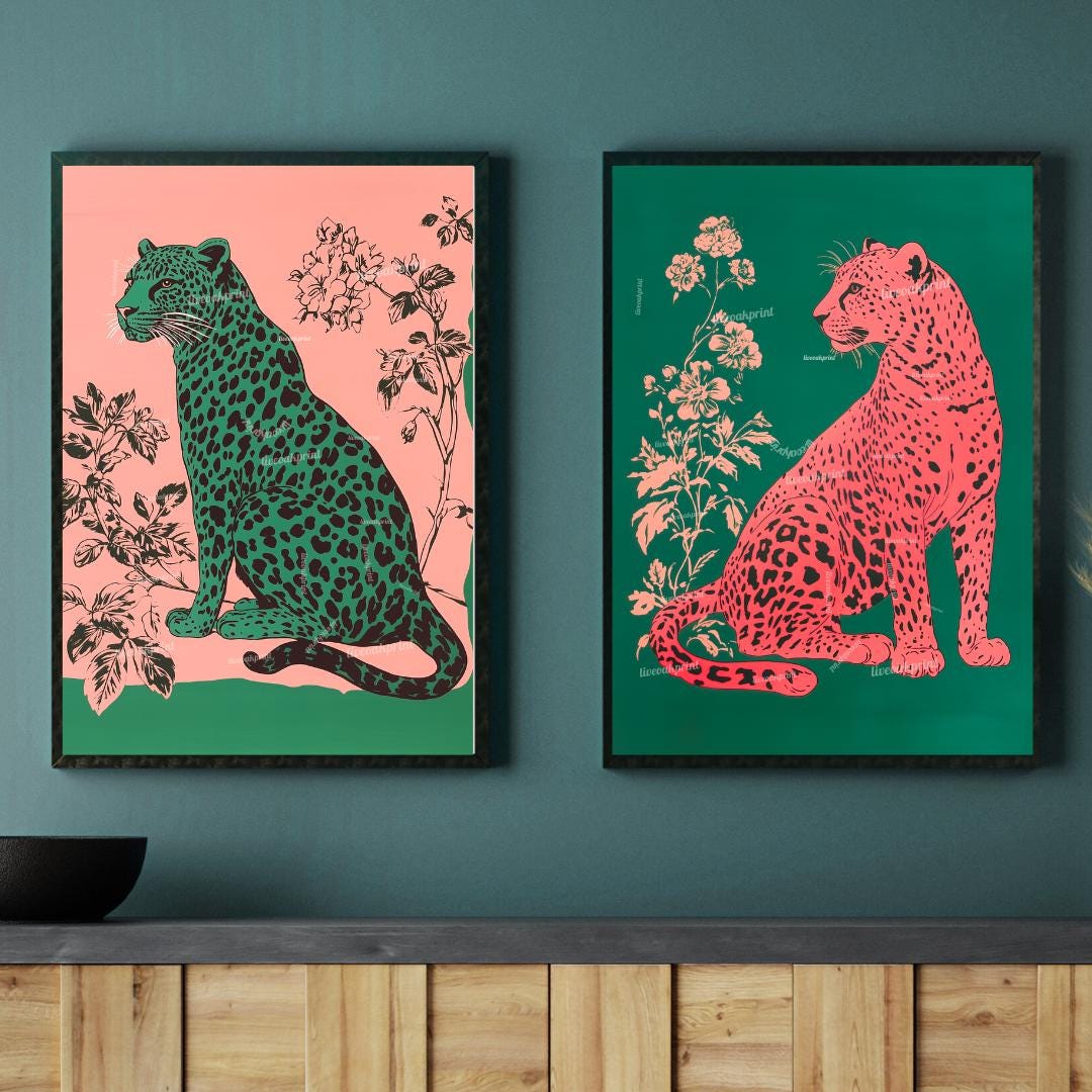 Emerald Leopard and Pink Leopard Art Set of Two Prints