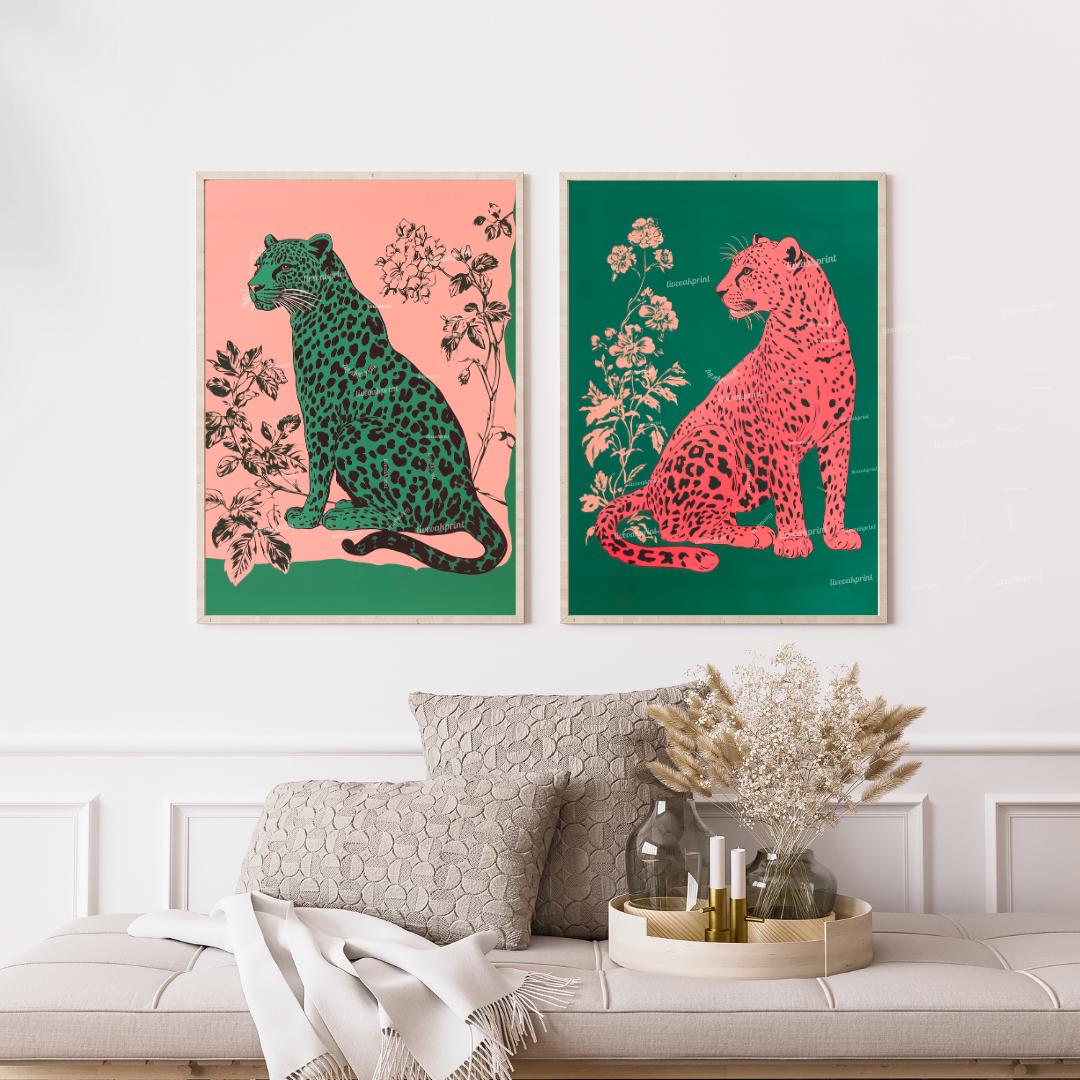 Emerald Leopard and Pink Leopard Art Set of Two Prints