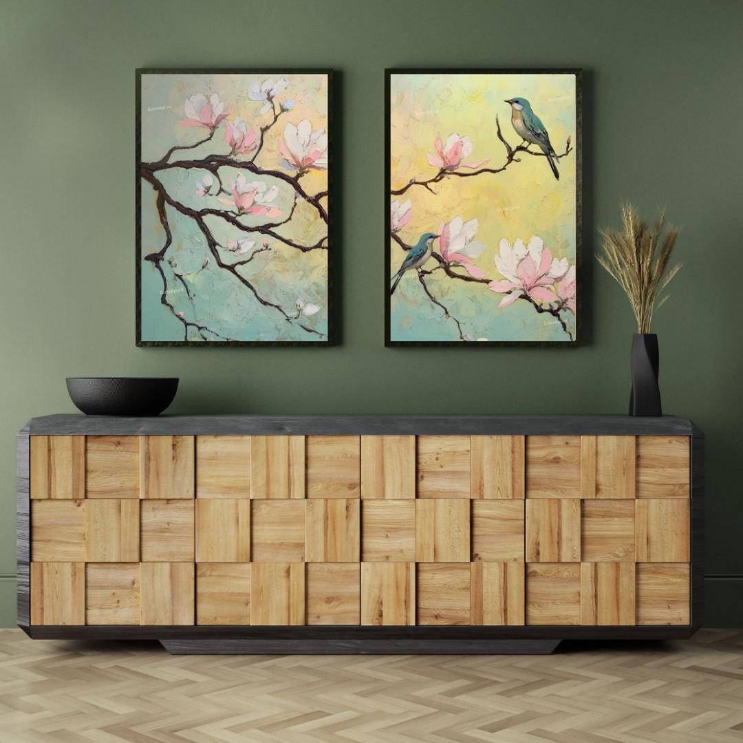 Magnolia Tree & Birds Diptych - Framed Canvas / Print / Gallery Wall Art Set of 2 - Botanical Nature Prints - Pastel Bird Wall Art