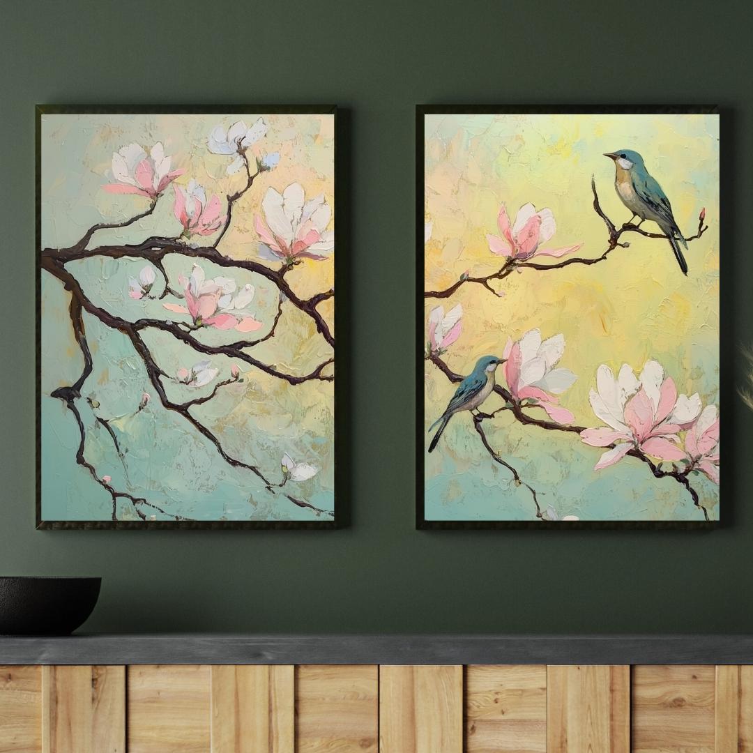 Magnolia Tree & Birds Diptych - Framed Canvas / Print / Gallery Wall Art Set of 2 - Botanical Nature Prints - Pastel Bird Wall Art