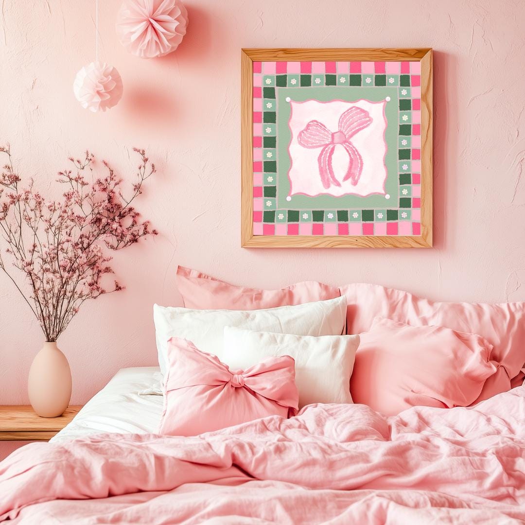 Pink and Green Bow Print
