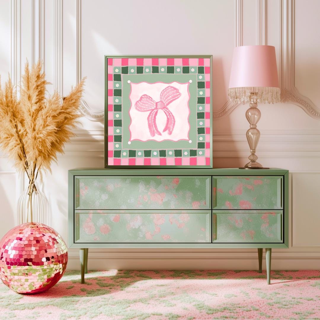 Pink and Green Bow Print