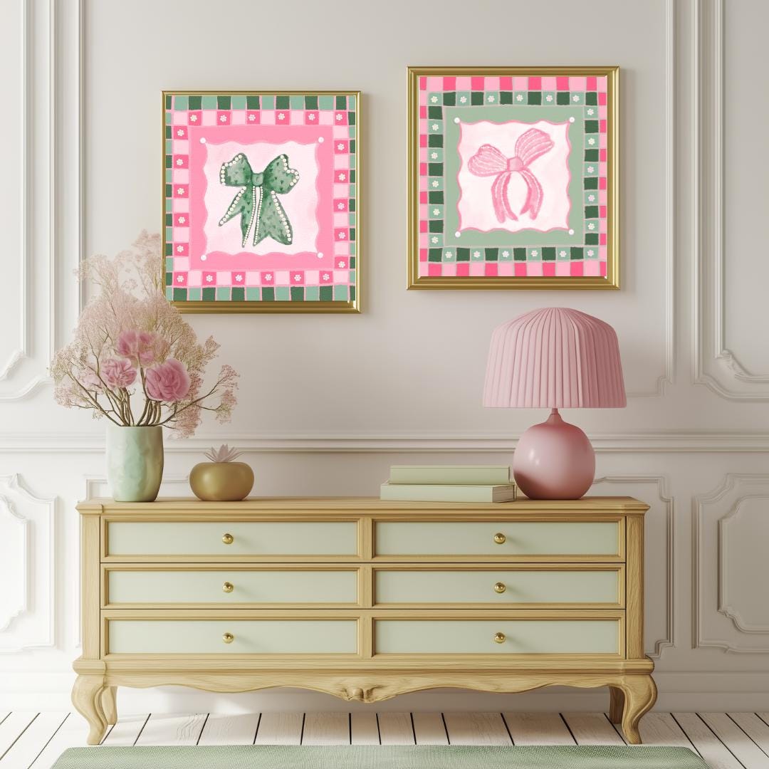 Green and Pink Bow Print