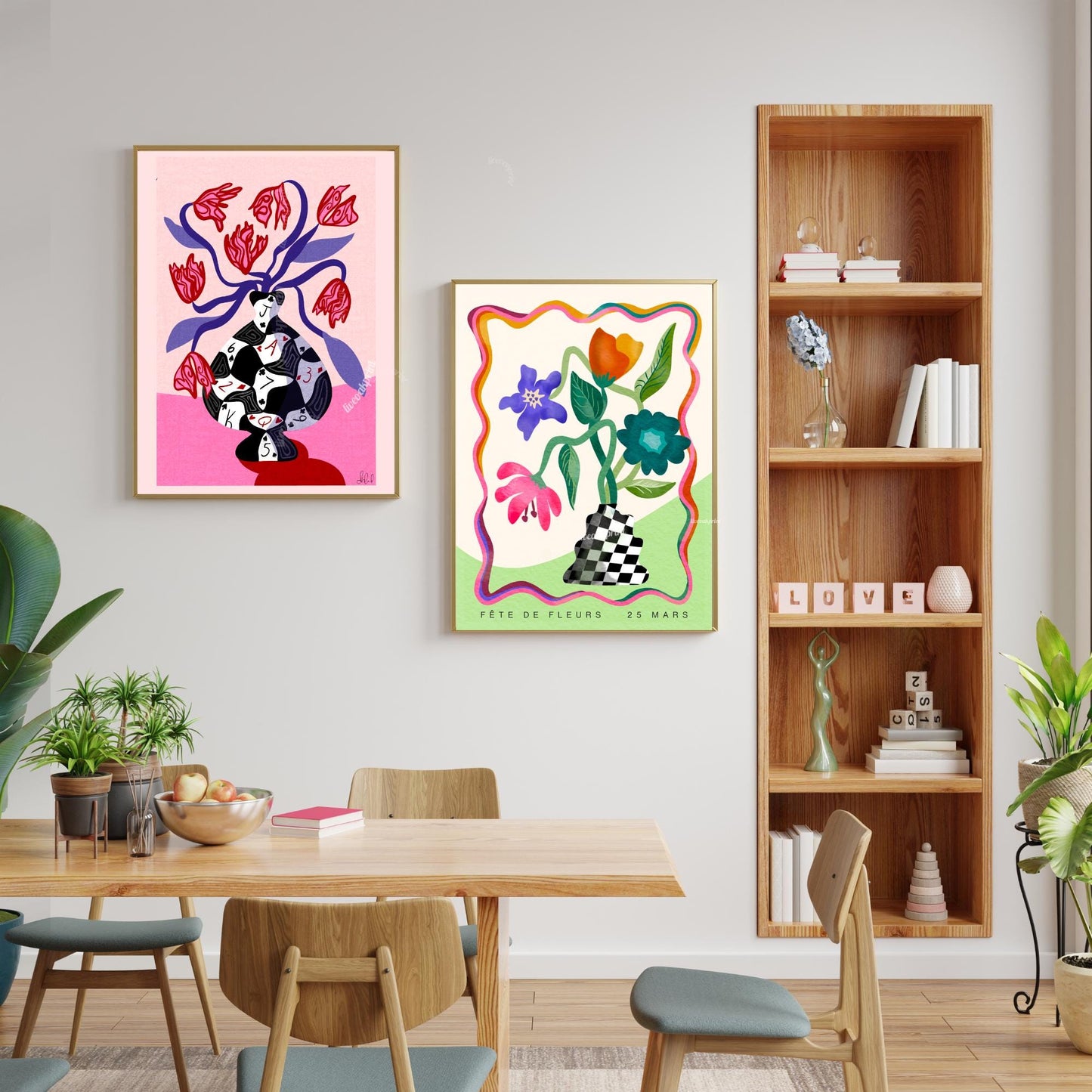 Poker Vase Wall Art – Bold Playing Card Vase Print – Funky Tulip Floral Print – Abstract Modern Decor – Red Pink Maximalist Wall Art
