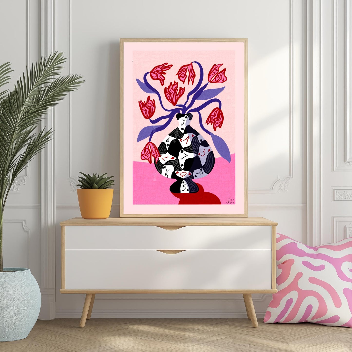 Poker Vase Wall Art – Bold Playing Card Vase Print – Funky Tulip Floral Print – Abstract Modern Decor – Red Pink Maximalist Wall Art