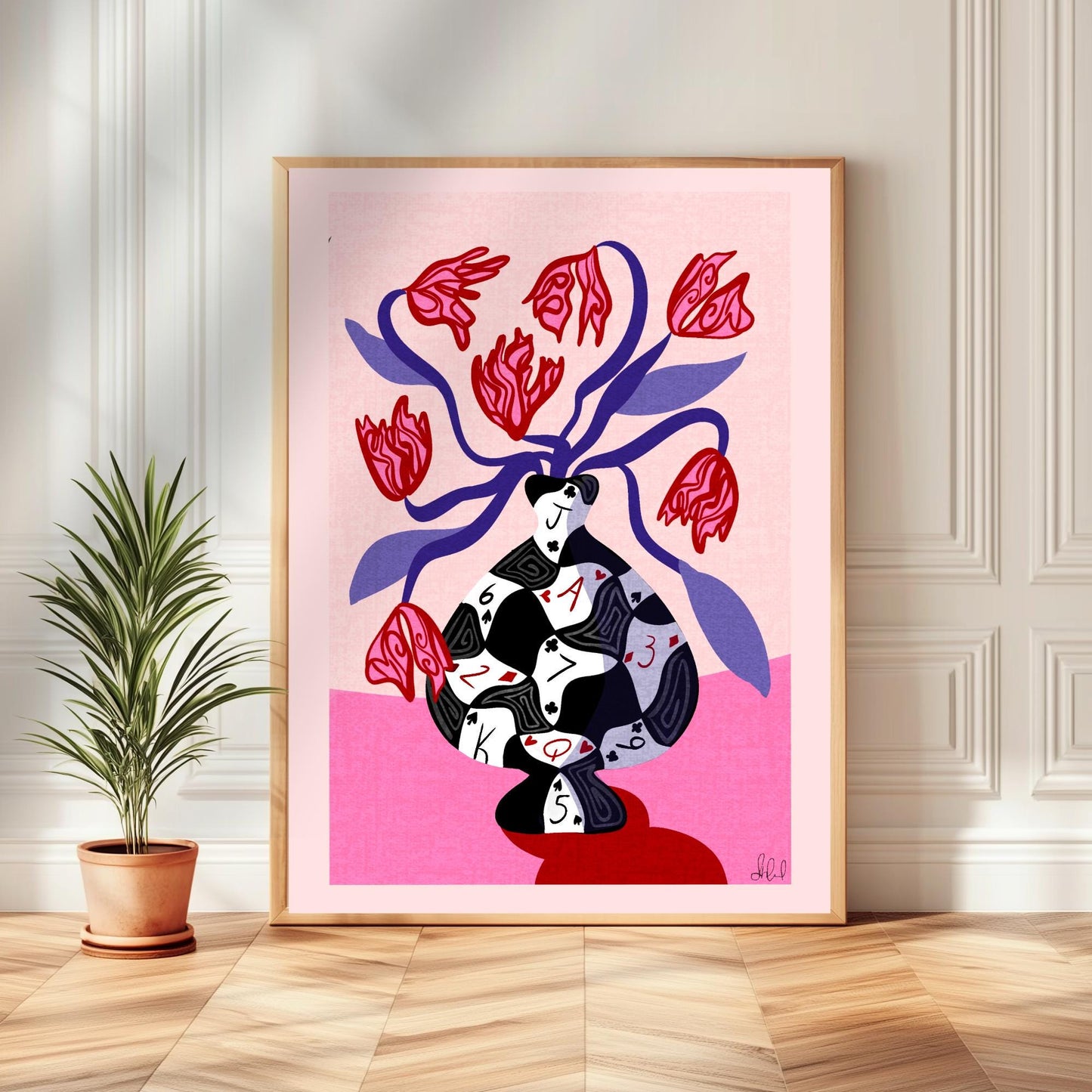 Poker Vase Wall Art – Bold Playing Card Vase Print – Funky Tulip Floral Print – Abstract Modern Decor – Red Pink Maximalist Wall Art