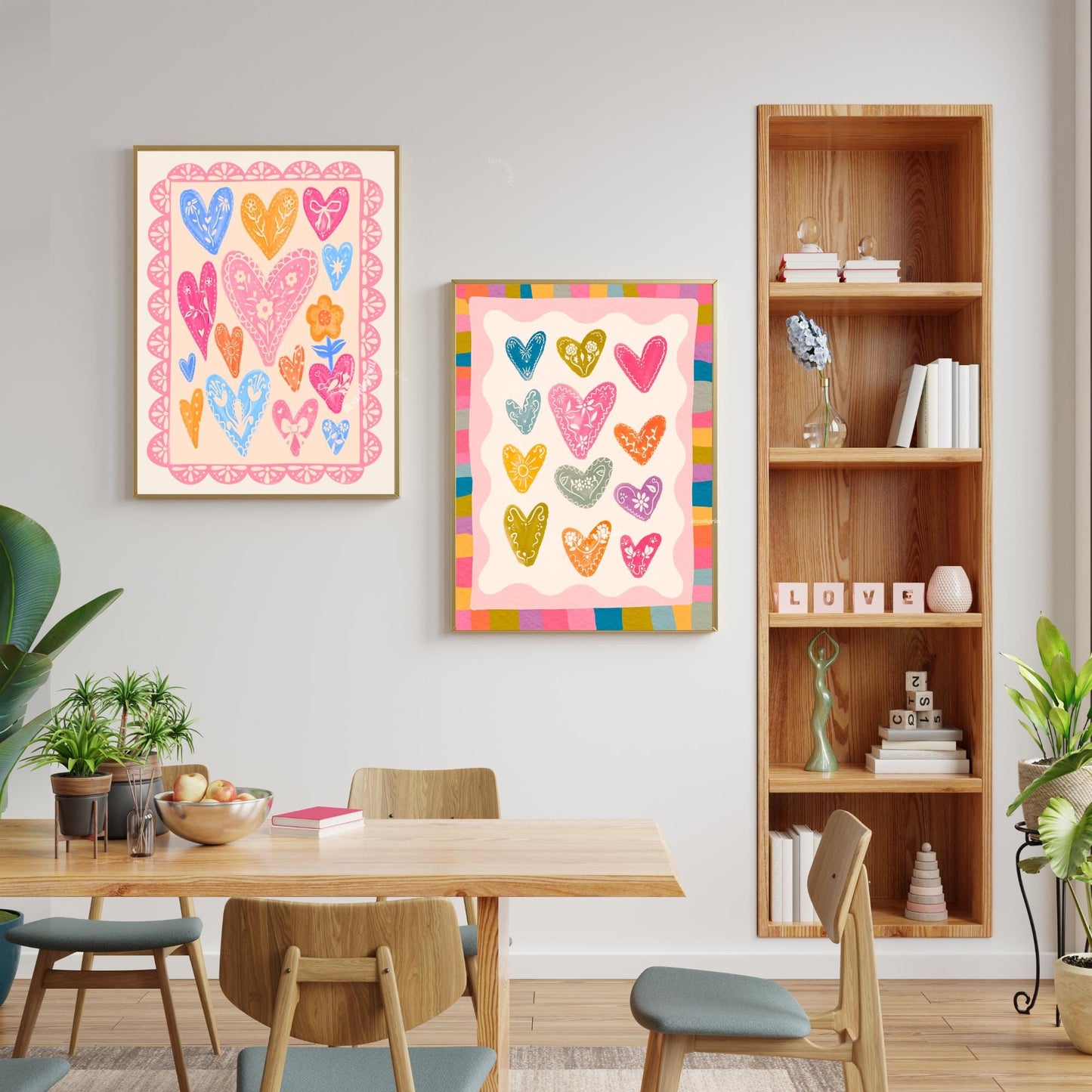 Folk Heart and Flower Art Print – Soft Pastel Maximalist Wall Art – Coquette Heart Print – Scandinavian Folk Inspired Lace Wall Decor