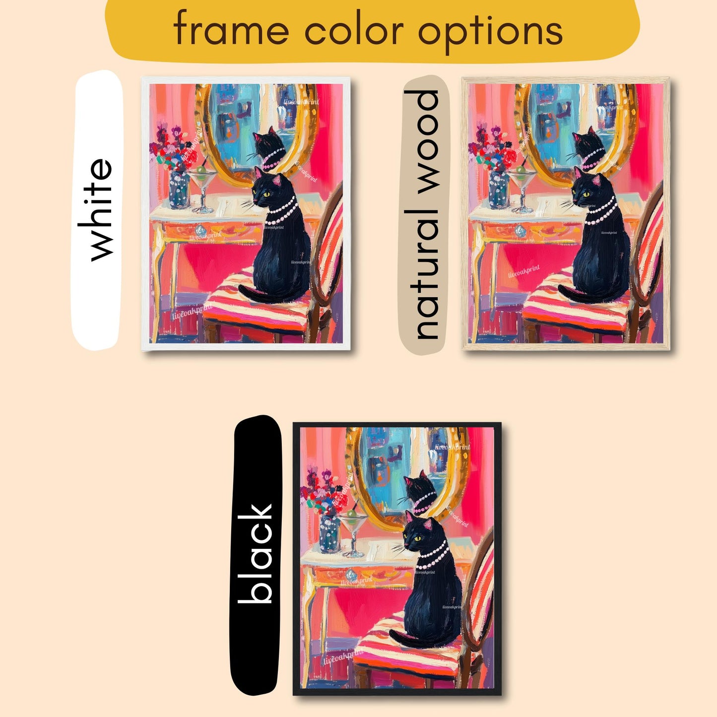 Black Cat Vanity Print – Martini Cat Wall Art – Maximalist Glam Cat Decor – Whimsical Cat Painting – Bar Cart, Bathroom, or Bedroom Art